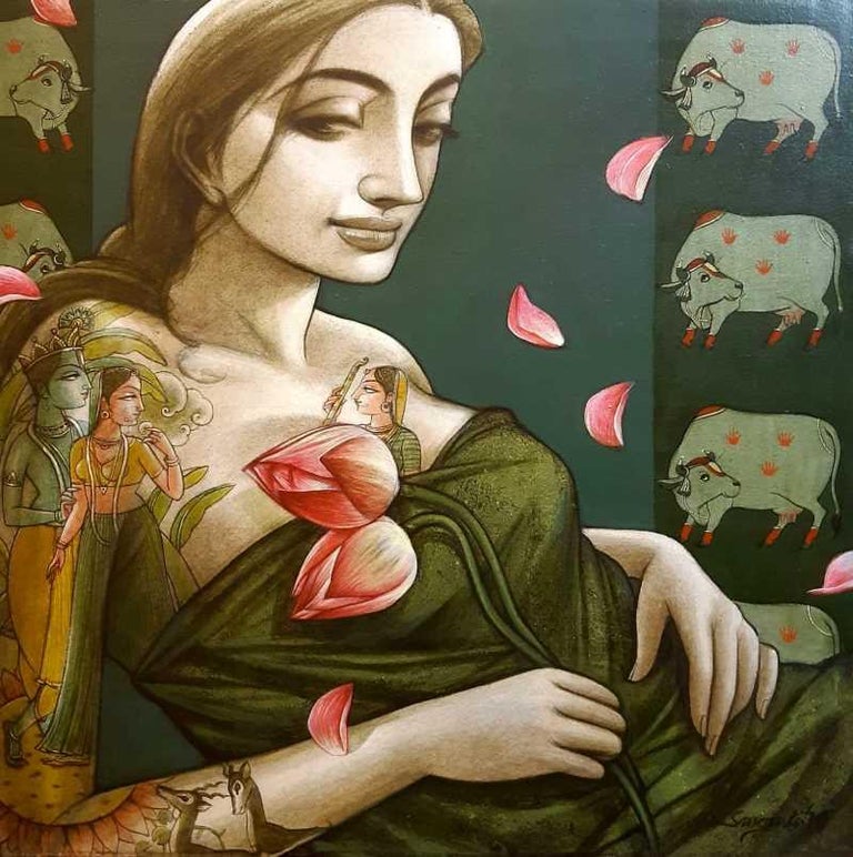 Sukanta Das Figurative Painting - Indian Woman with flowers and mythology tattoo drawing on her "In Stock"
