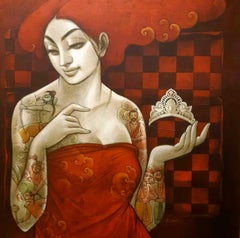 Panchali avec couronne et tatouage de mythologie, toile acrylique orange et rouge « en stock »