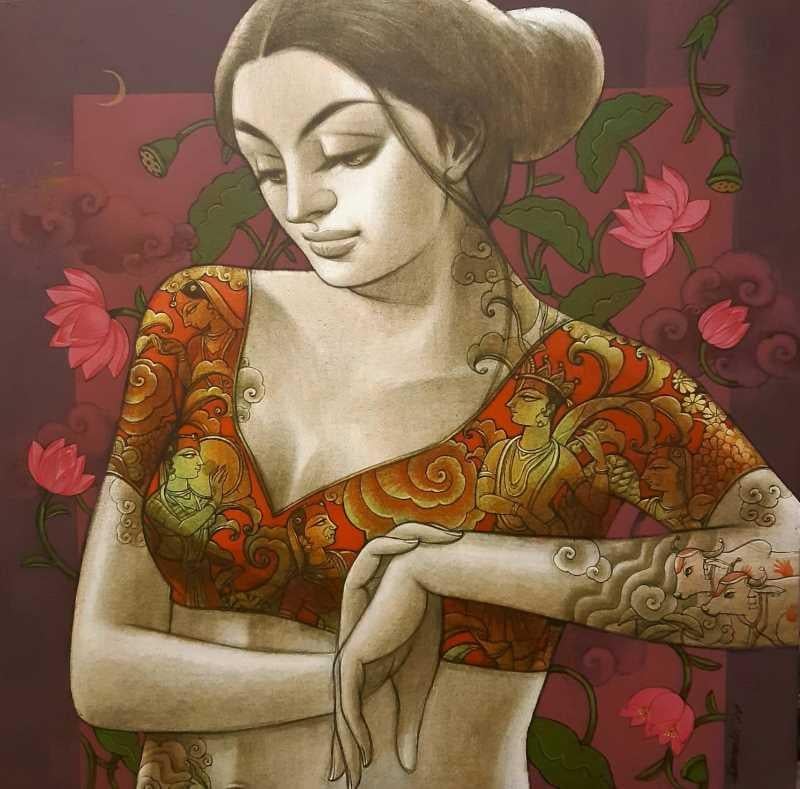 Woman with Flowers & Tattoo, Mythology Orange , Pink, Acrylic Canvas "In Stock"
