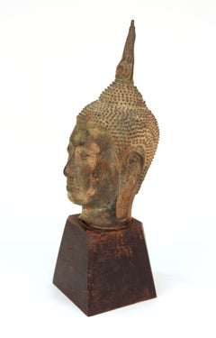Sukhothai Manner Buddha Head in Bronze on Wooden Stand