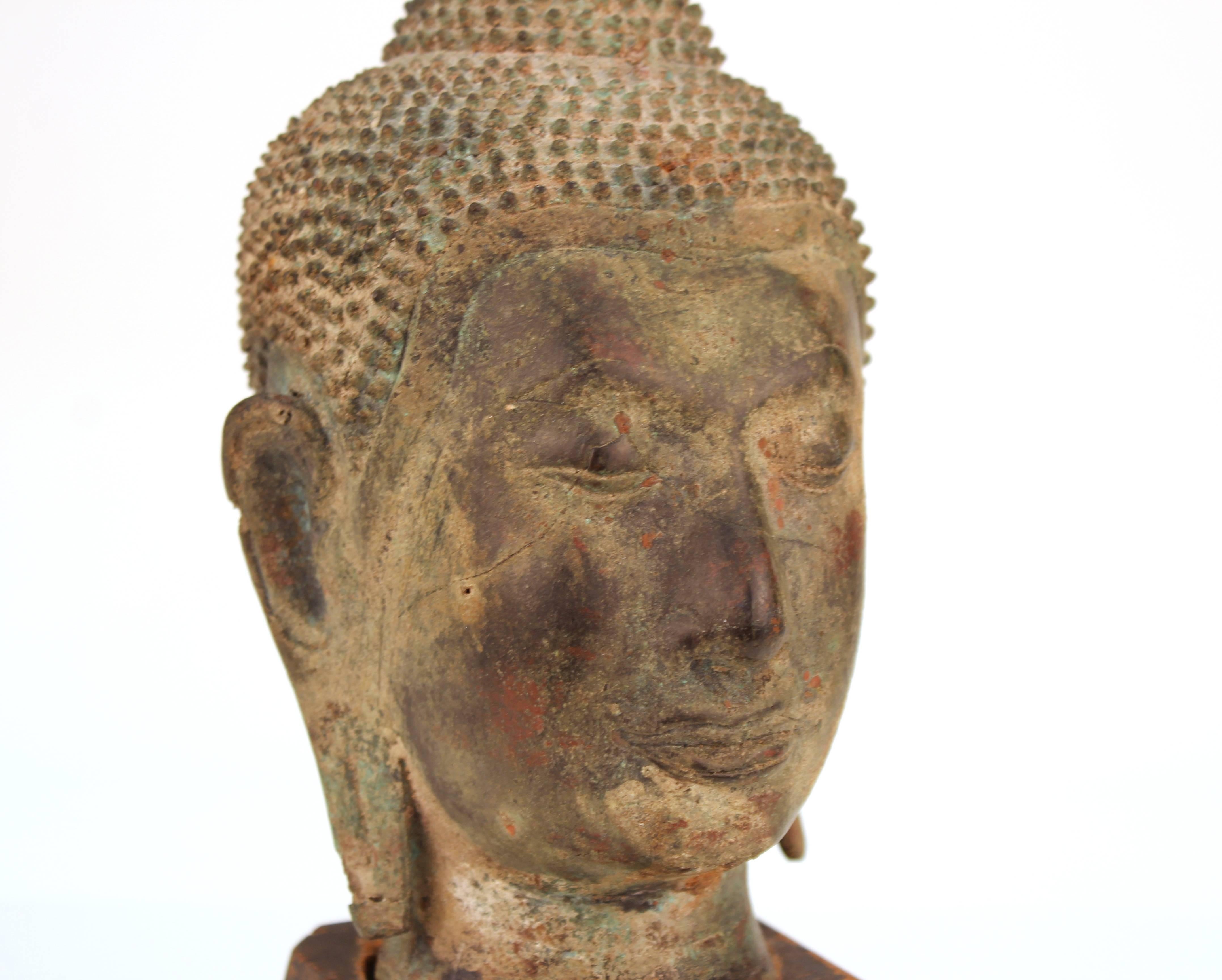 Sukhothai Manner Buddha Head in Bronze on Wooden Stand 1