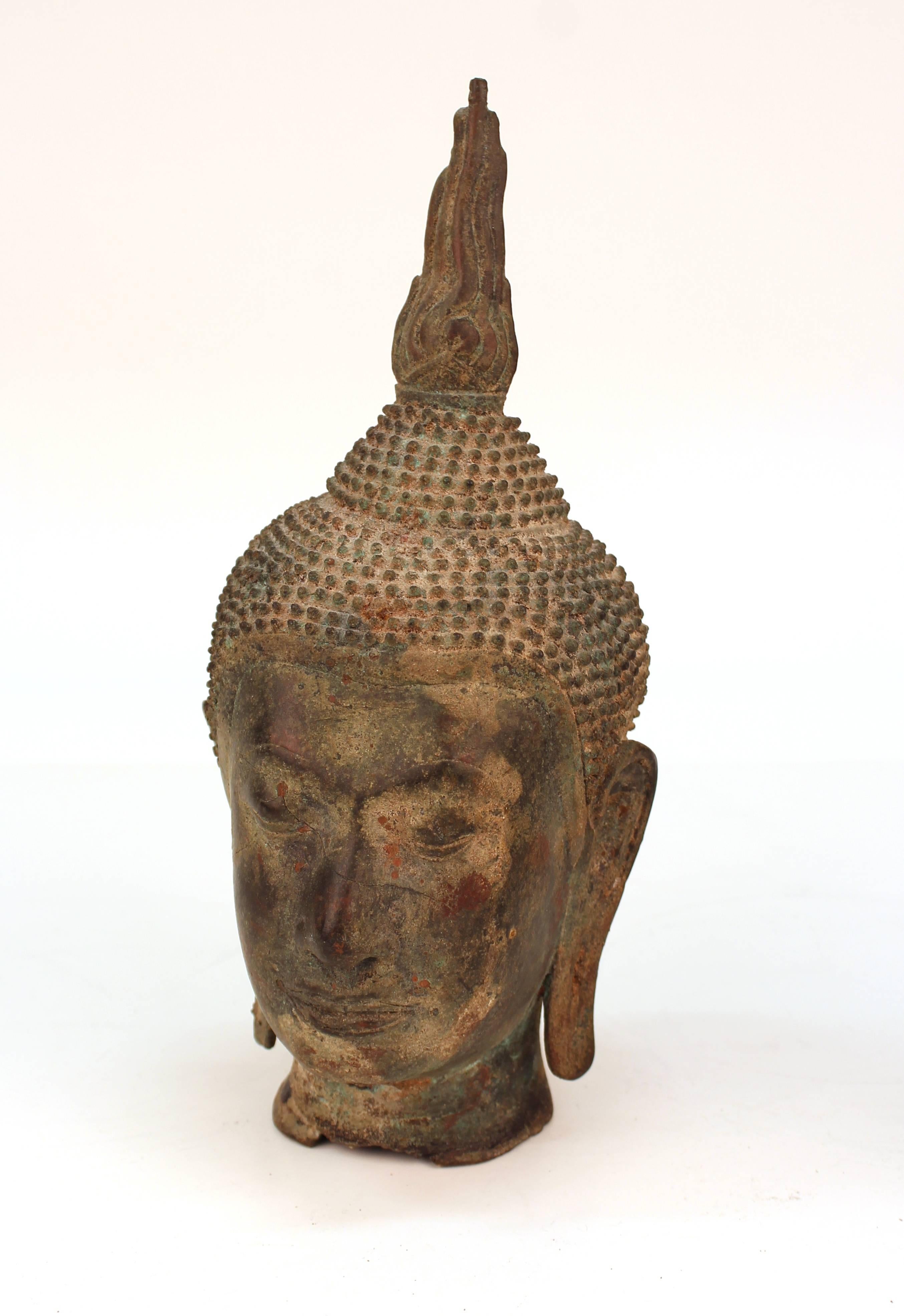 Sukhothai Manner Buddha Head in Bronze on Wooden Stand 4