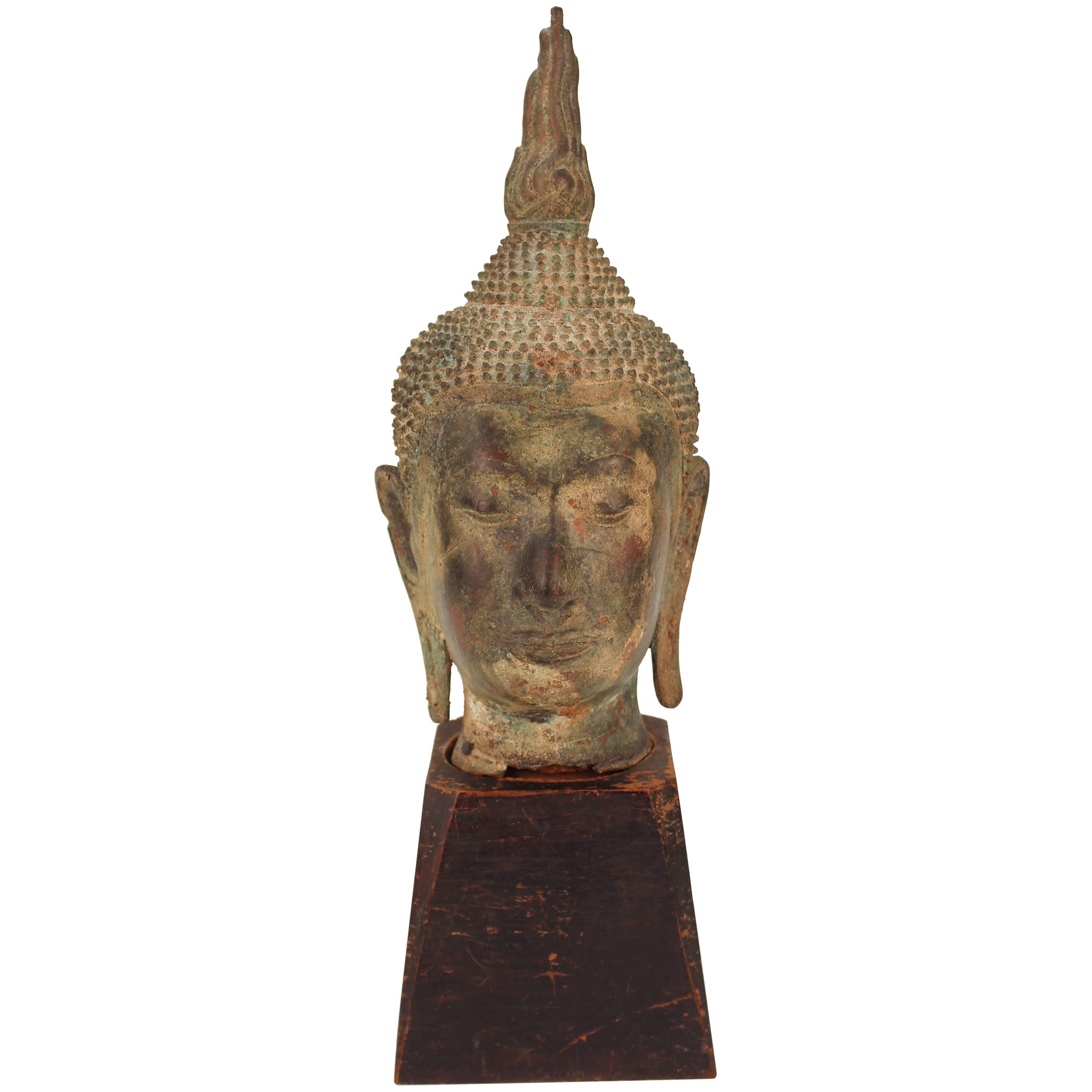 Sukhothai Manner Buddha Head in Bronze on Wooden Stand