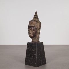 Sukhothai Style Bronze Head of Buddha Shakyamuni on Marble Base, circa 1800