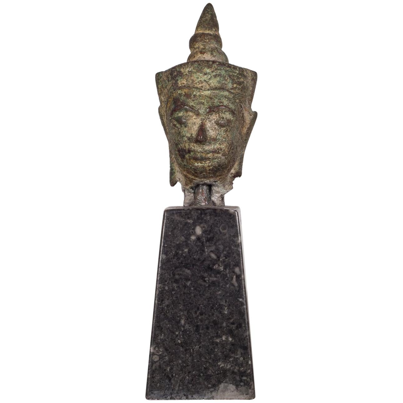 Sukhothai Style Bronze Head of Buddha Shakyamuni on Marble Base, circa 1800