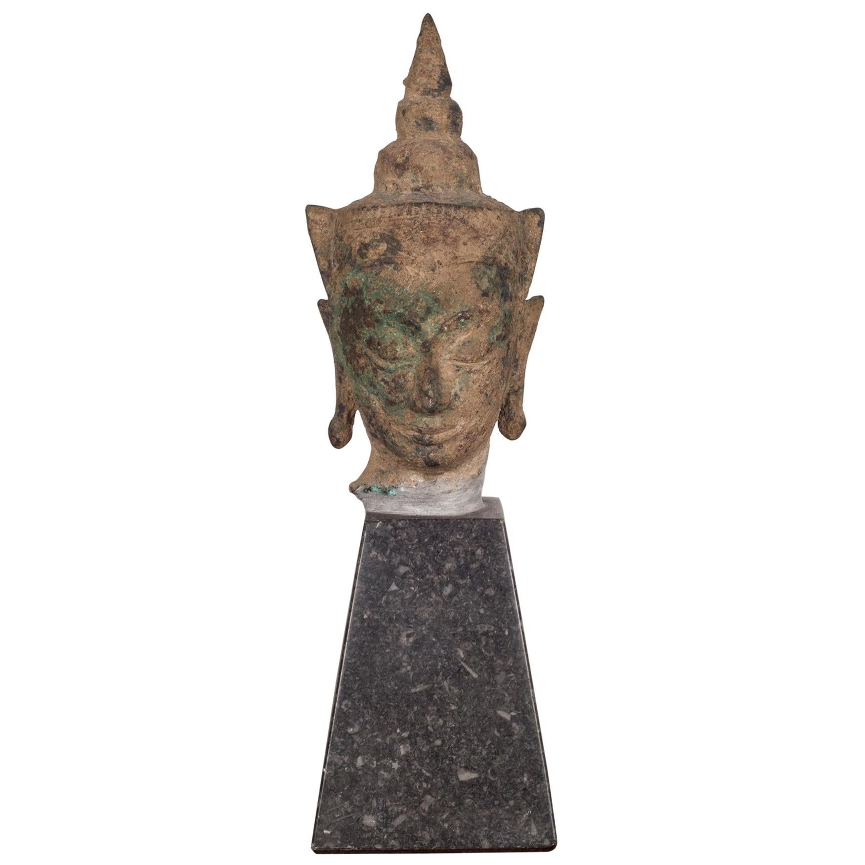 Sukhothai Style Bronze Head of Buddha Shakyamuni on Marble Base, circa 1800