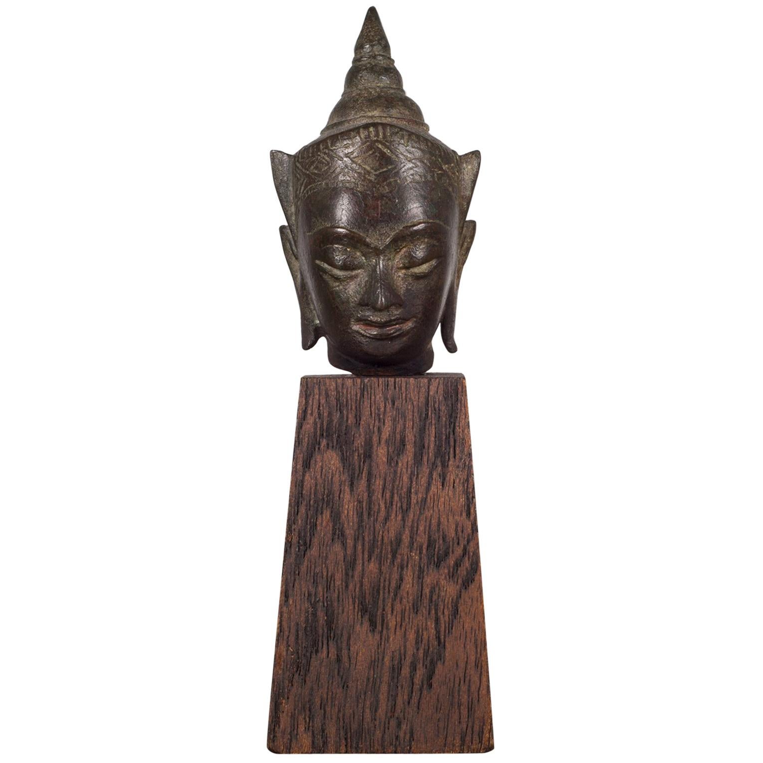 Sukhothai Style Bronze Head of Buddha Shakyamuni on Wood Base, circa 1800