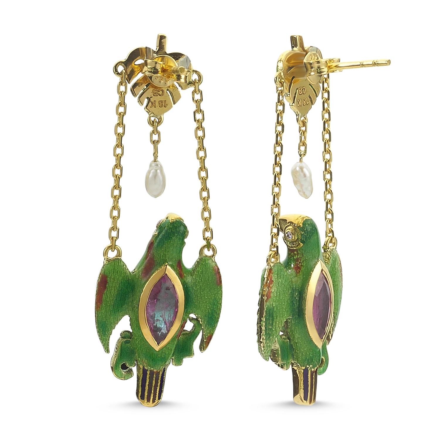 Marquise Cut Suki Earrings with Enamel, Ruby, Emerald, Diamond, Pearl, 18 Karat Yellow Gold For Sale