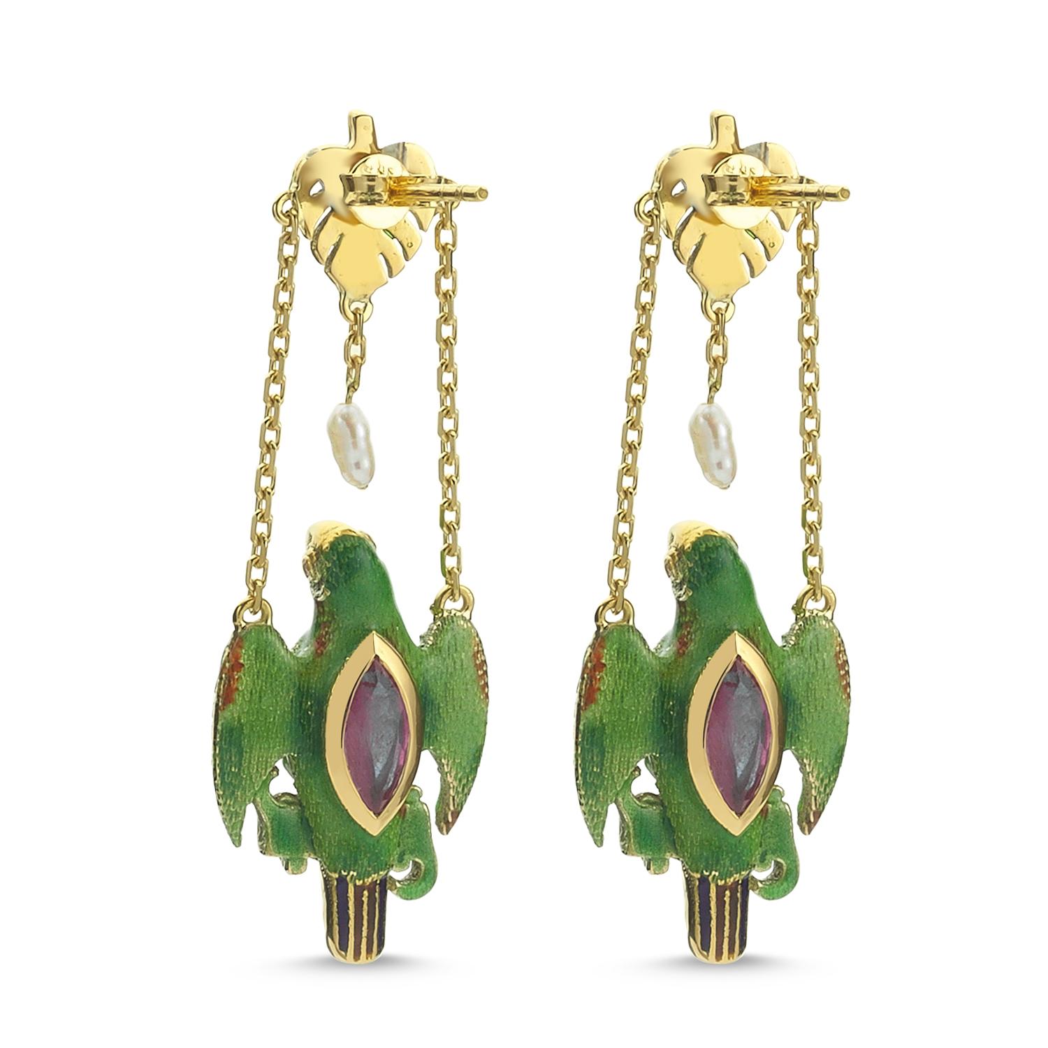 Suki Earrings with Enamel, Ruby, Emerald, Diamond, Pearl, 18 Karat Yellow Gold For Sale 1