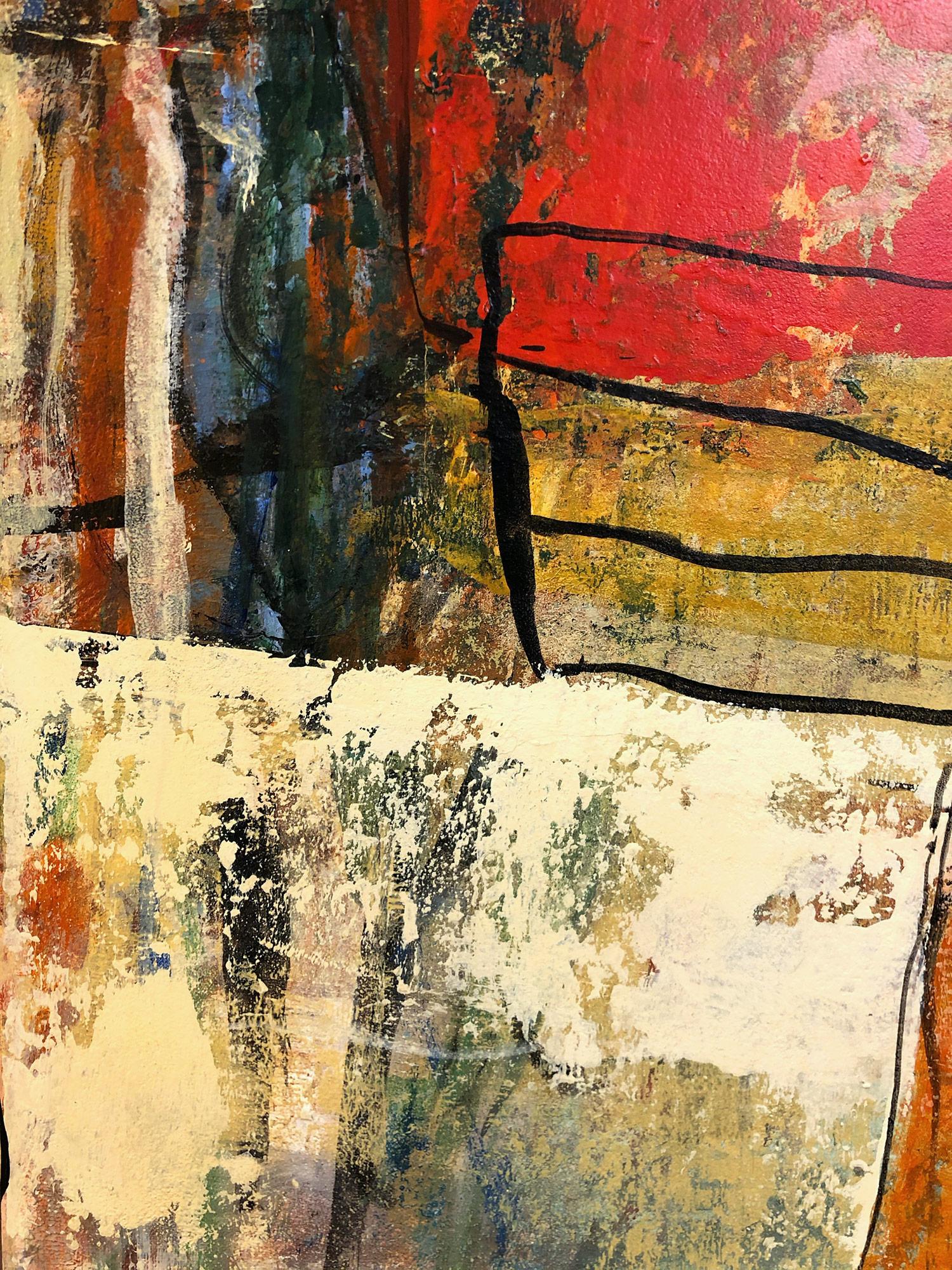 Peinture expressionniste abstraite colorée en techniques mixtes « At The Cape Cod Harbor » - Marron Abstract Painting par Suki Maguire