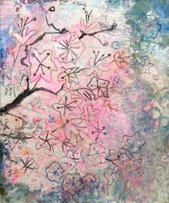 "In March" Cherry Blossoms Colorful Mixed Media Abstract Expressionist Painting