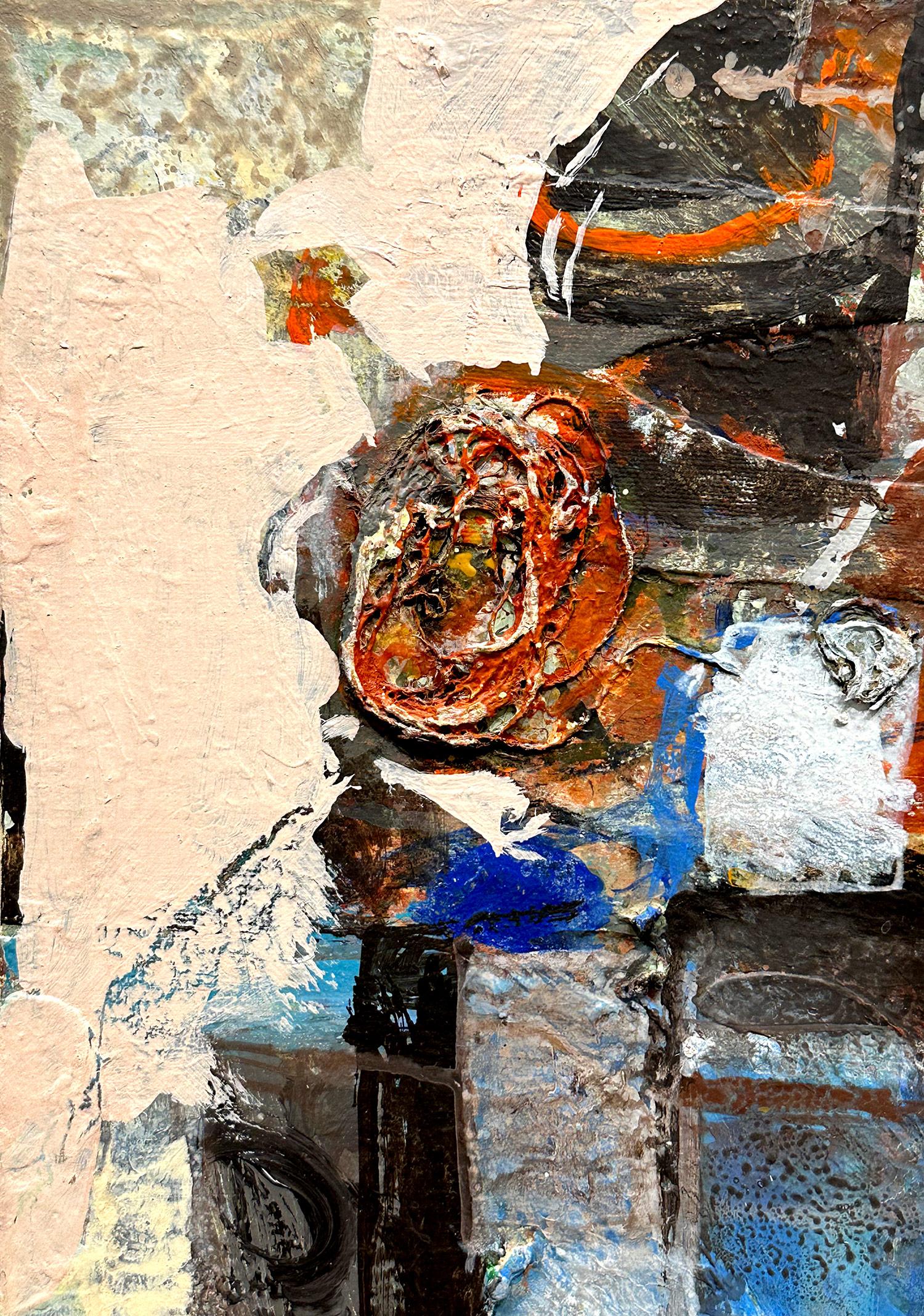 This piece is an abstract portrait composition of a woman's profile face done with mixed media, oil and acrylic paints on linen. The artist explores an incredible world filled with color and expressive brush strokes. The lines and texture create a
