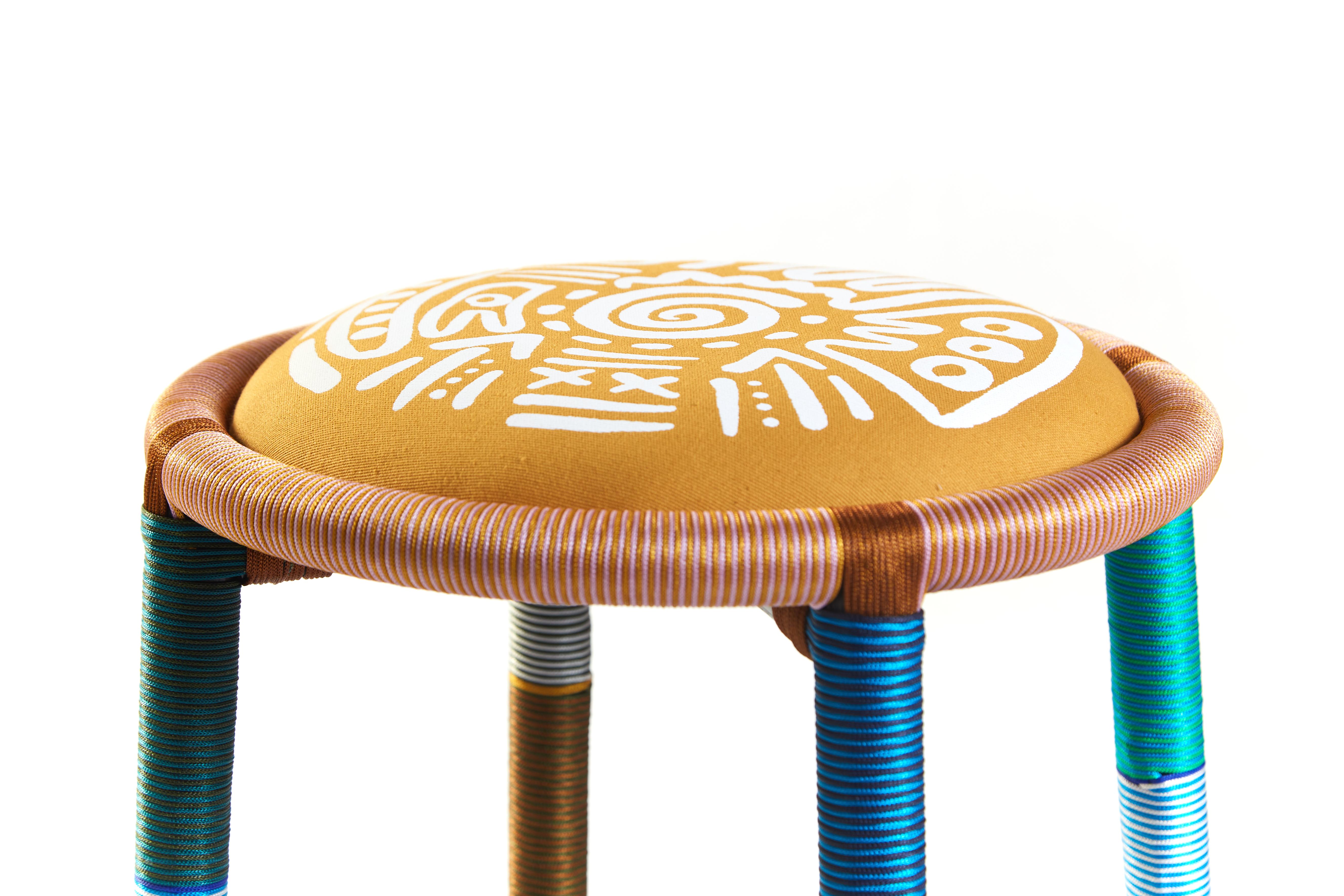 Tribal Sukpha, Rattan Stool (Pink, blue, brown) For Sale
