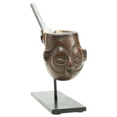 Suku Pipe with Face, Tribal Congo, Early 20th Century, with White Metal Stem