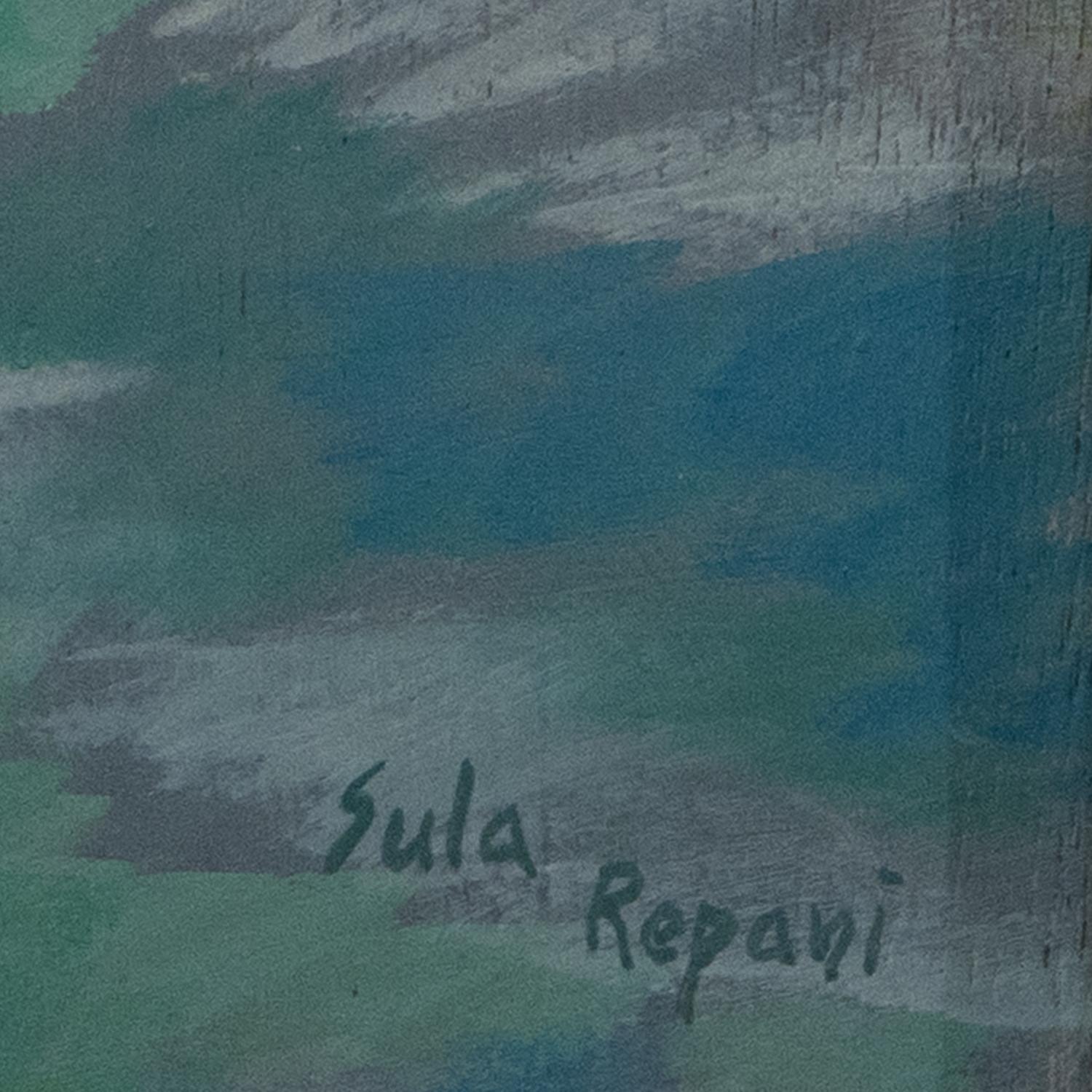 Pintura abstracta oceánica azul-verde sobre madera con pinceladas texturizadas - 