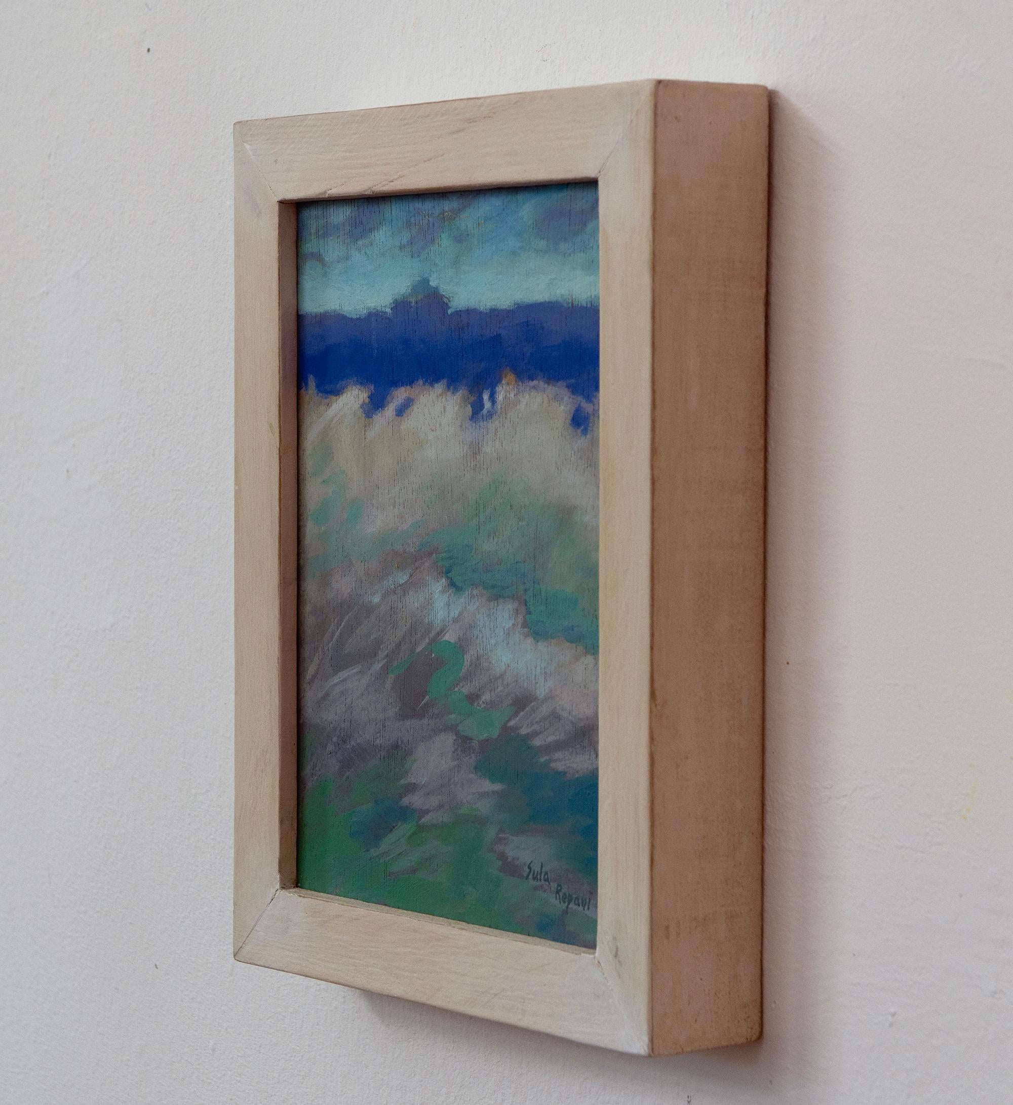 Pintura abstracta oceánica azul-verde sobre madera con pinceladas texturizadas - 