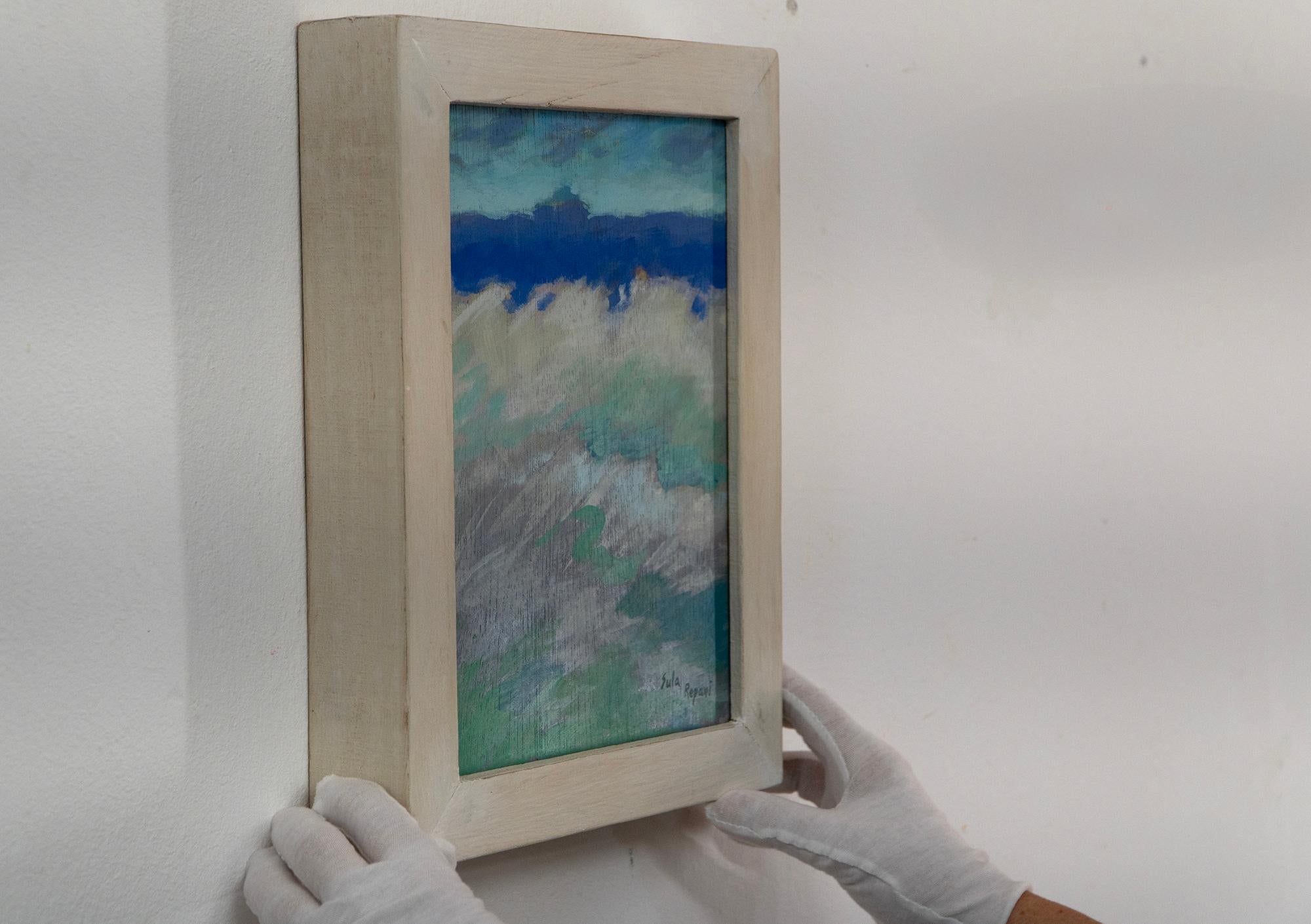 Pintura abstracta oceánica azul-verde sobre madera con pinceladas texturizadas - 