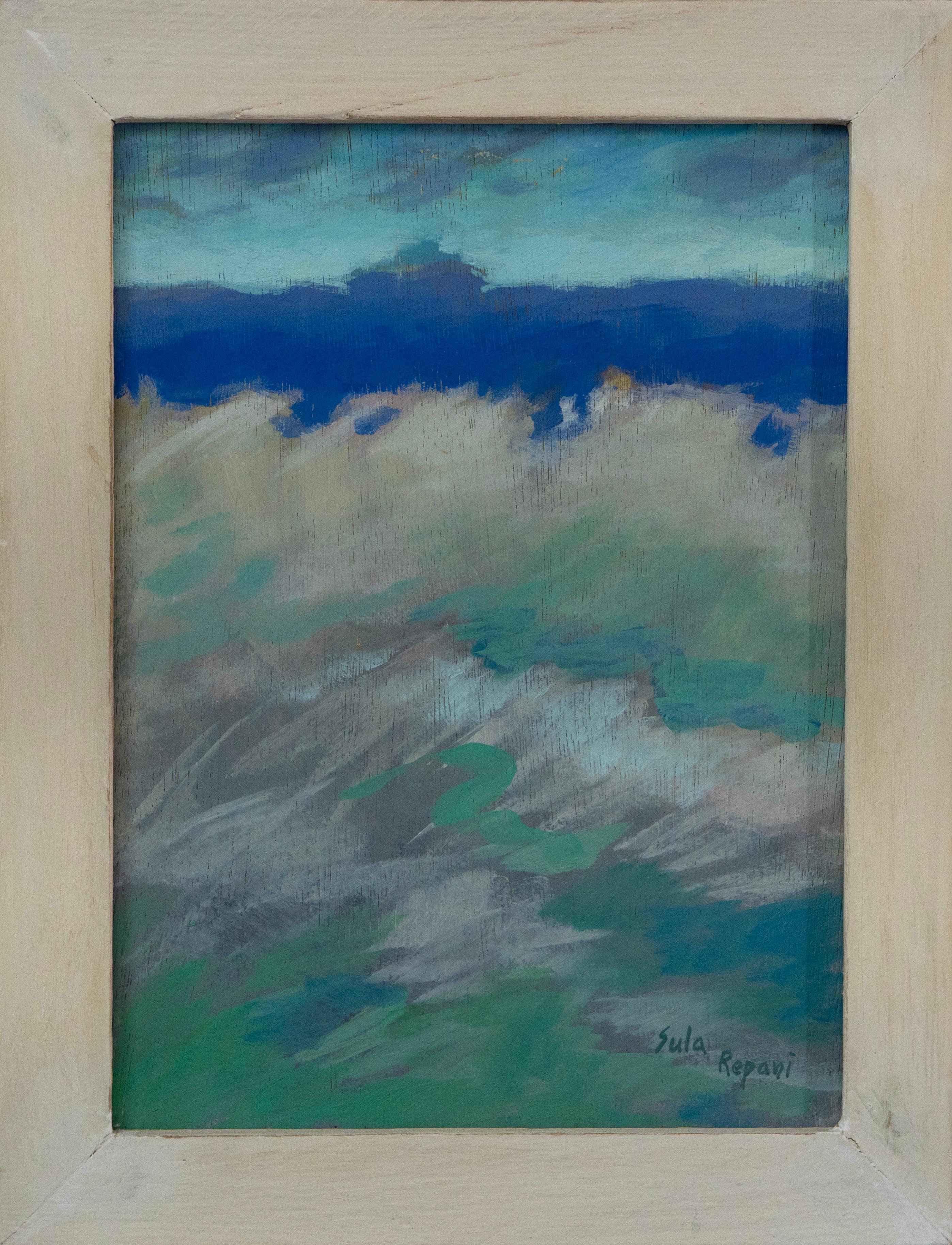 Landscape Painting de Sula Repani - Pintura abstracta oceánica azul-verde sobre madera con pinceladas texturizadas - "Mar", 2024