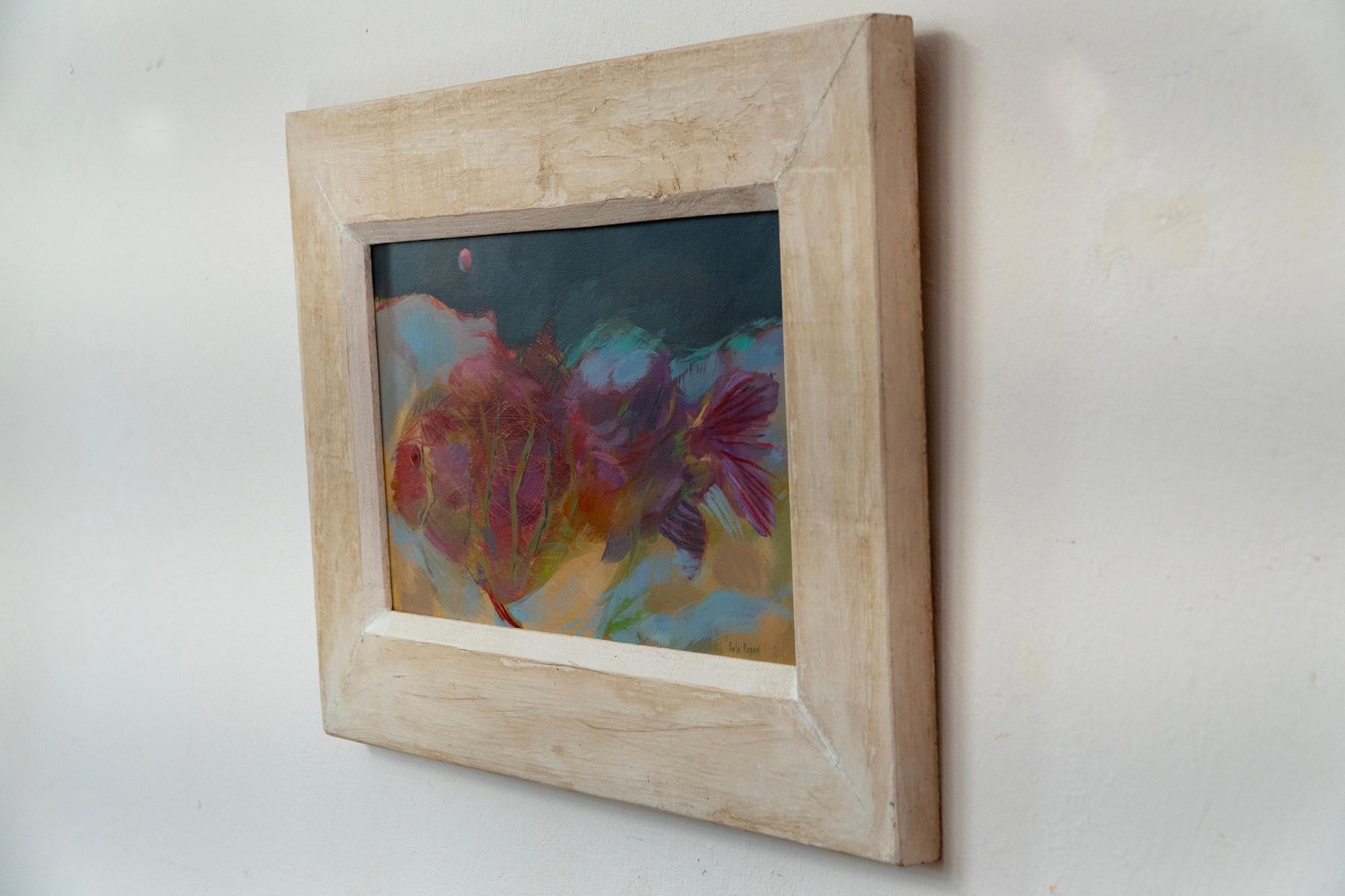 Lebendiges abstraktes Fischgemälde in Öl auf Holz - Gerahmtes Marine-Kunstwerk (Abstrakt), Painting, von Sula Repani