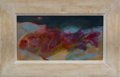 Vibrante dipinto astratto di pesce a olio su legno - opera d'arte Marin incorniciata