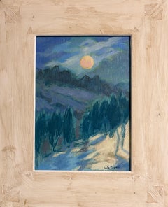 Contemporary Nocturnal Landscape Oil Painting Full Moon Blue Tonal Scene on Wood