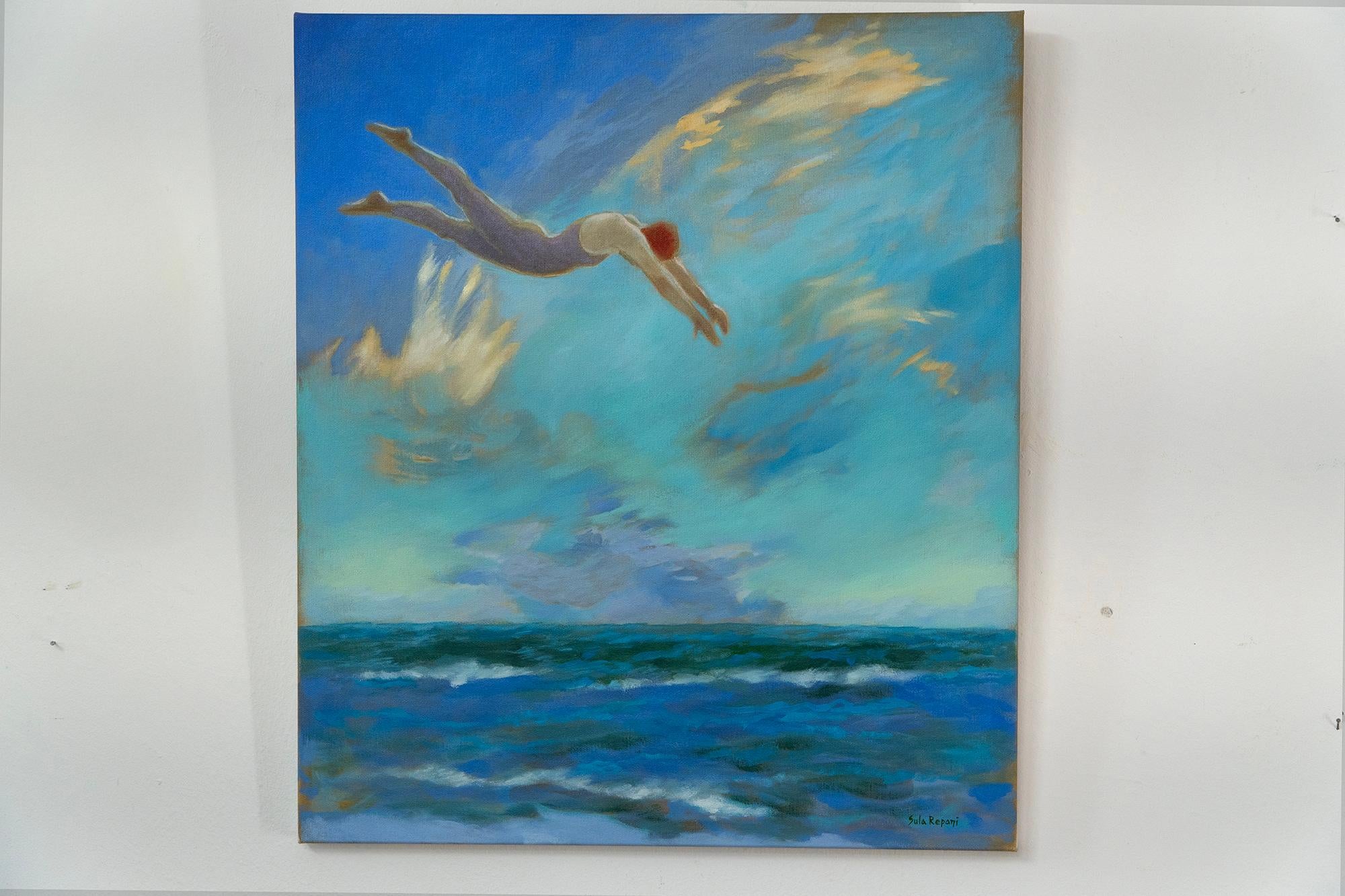 Surreale immersione nell'oceano - Pittura figurativa femminile in un paesaggio costiero da sogno - Painting di Sula Repani