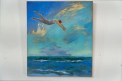 Surreal Ocean Dive – Figurative Female Painting in Coastal Dreamscape