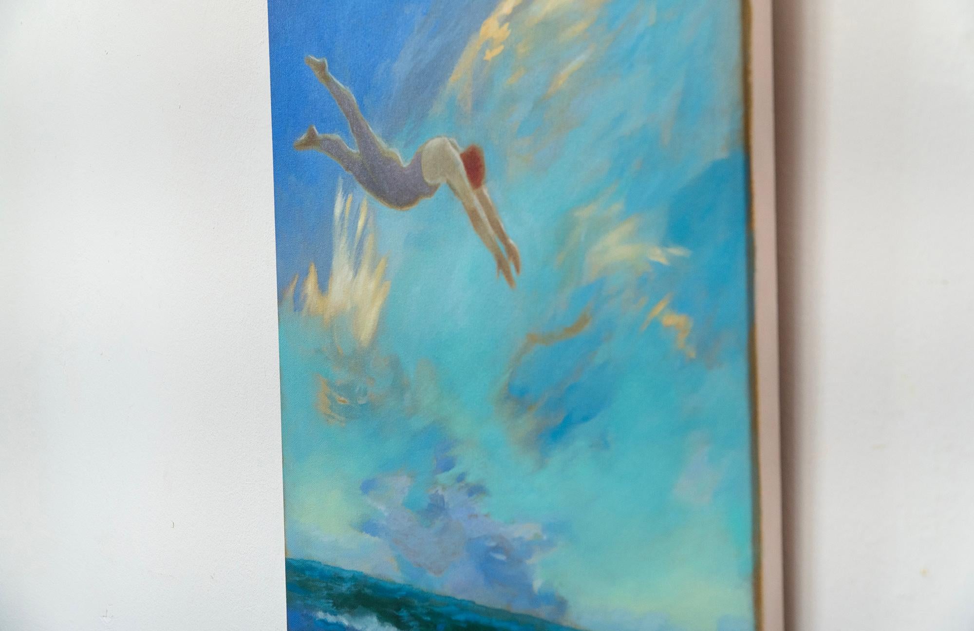 Surreale immersione nell'oceano - Pittura figurativa femminile in un paesaggio costiero da sogno - Painting Astratto di Sula Repani