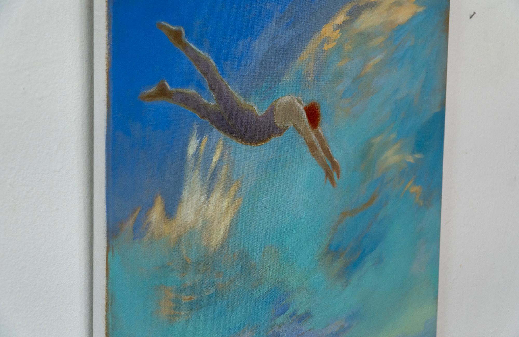 Surreale immersione nell'oceano - Pittura figurativa femminile in un paesaggio costiero da sogno - Landscape Painting Blu di Sula Repani