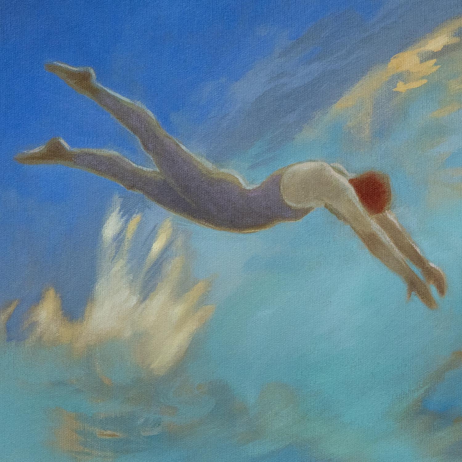 Surreale immersione nell'oceano - Pittura figurativa femminile in un paesaggio costiero da sogno in vendita 2