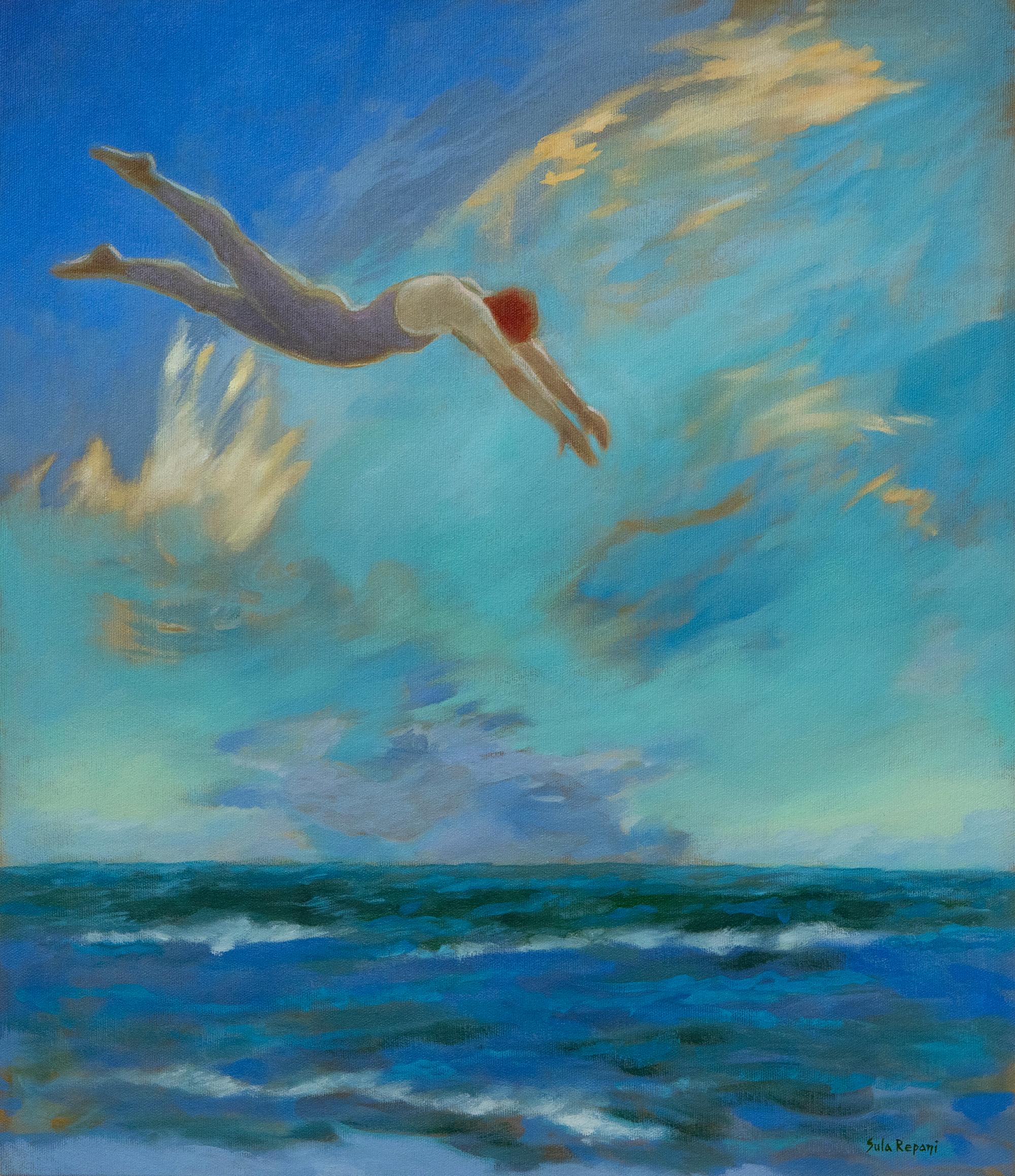 Landscape Painting di Sula Repani - Surreale immersione nell'oceano - Pittura figurativa femminile in un paesaggio costiero da sogno