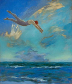 Inmersión surrealista en el océano - Pintura figurativa femenina en un paisaje de ensueño costero
