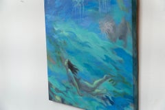 Pittura subacquea surrealista con meduse e ritratto di nuotatrice Marin