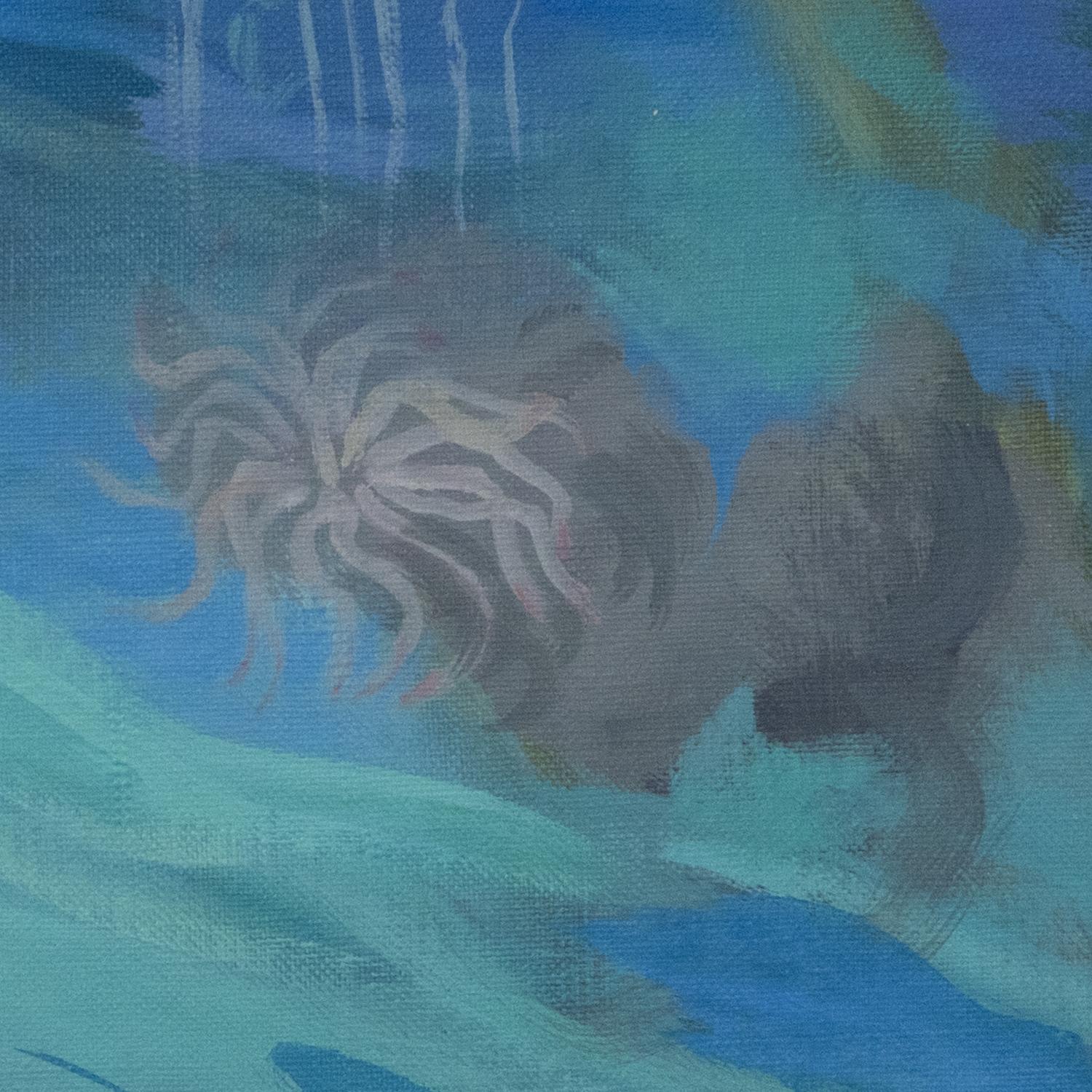 Pintura Submarina Surrealista con Medusa y Retrato Marino de Mujer Nadadora - Landscape Painting Azul de Sula Repani