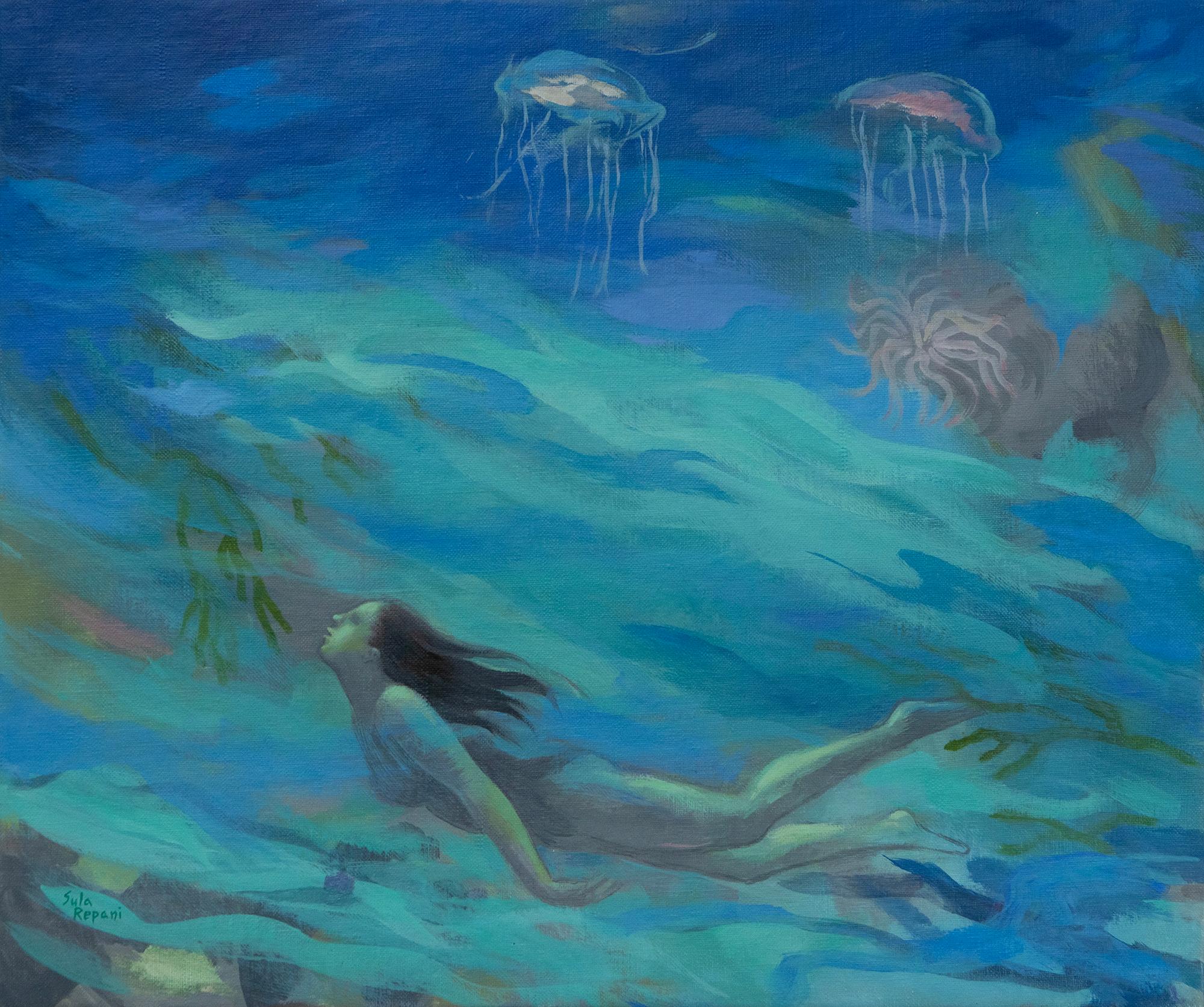 Landscape Painting de Sula Repani - Pintura Submarina Surrealista con Medusa y Retrato Marino de Mujer Nadadora