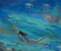 Surrealist Underwater Painting with Jellyfish and Female Swimmer Marine Portrait