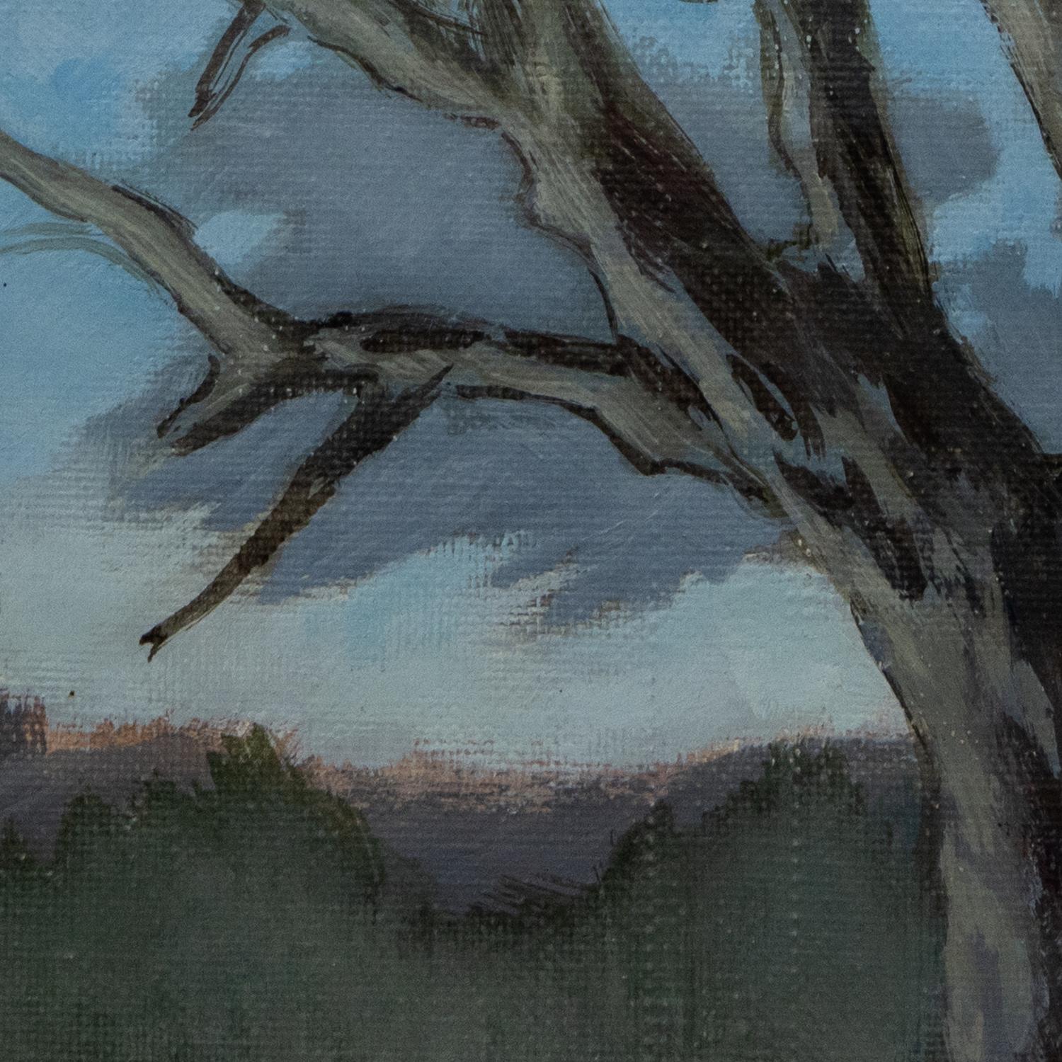 Paesaggio espressivo di alberi nudi con nuvole infuocate, pittura a olio simbolica - Abstract Painting Grigio di Sula Repani