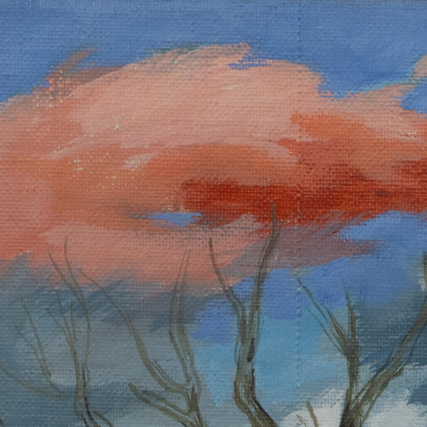 Paesaggio espressivo di alberi nudi con nuvole infuocate, pittura a olio simbolica in vendita 1