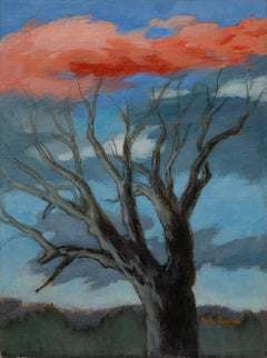 Expressive Bare Tree Landscape with Fiery Cloud, Symbolic Oil Painting