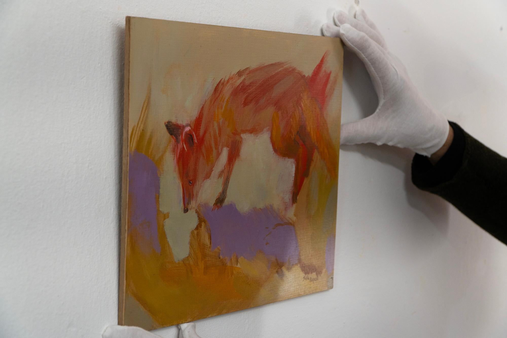 Fuchs gerahmtes Ölgemälde auf vorbereiteter Pappe, zeitgenössisches Tierporträt im Angebot 7