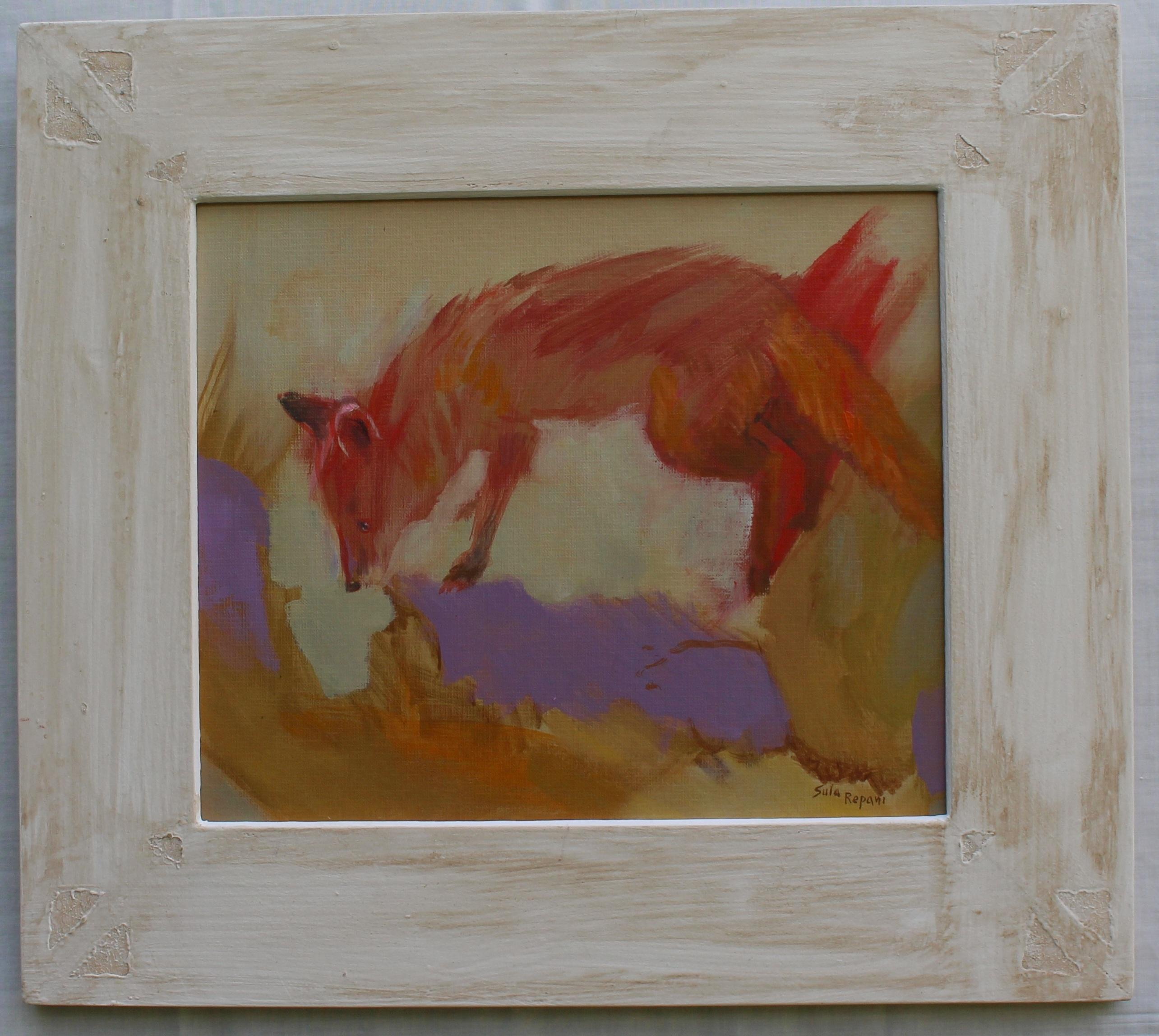 Fox Peinture à l'huile encadrée sur carton préparé, portrait animalier contemporain