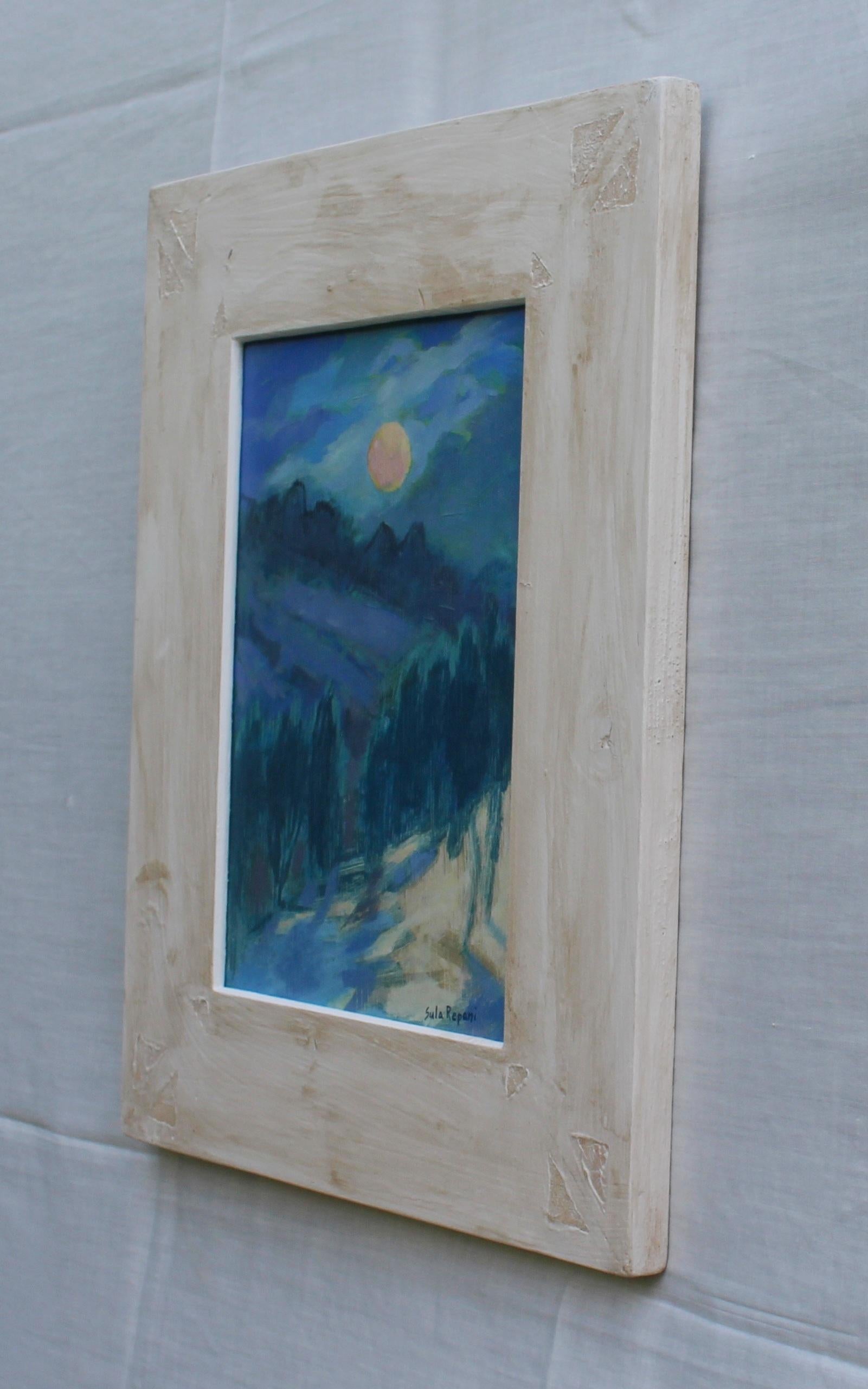 Luna piena - 2022, Olio su pannello di legno, Paesaggio notturno contemporaneo - Landscape Painting Grigio di Sula Repani