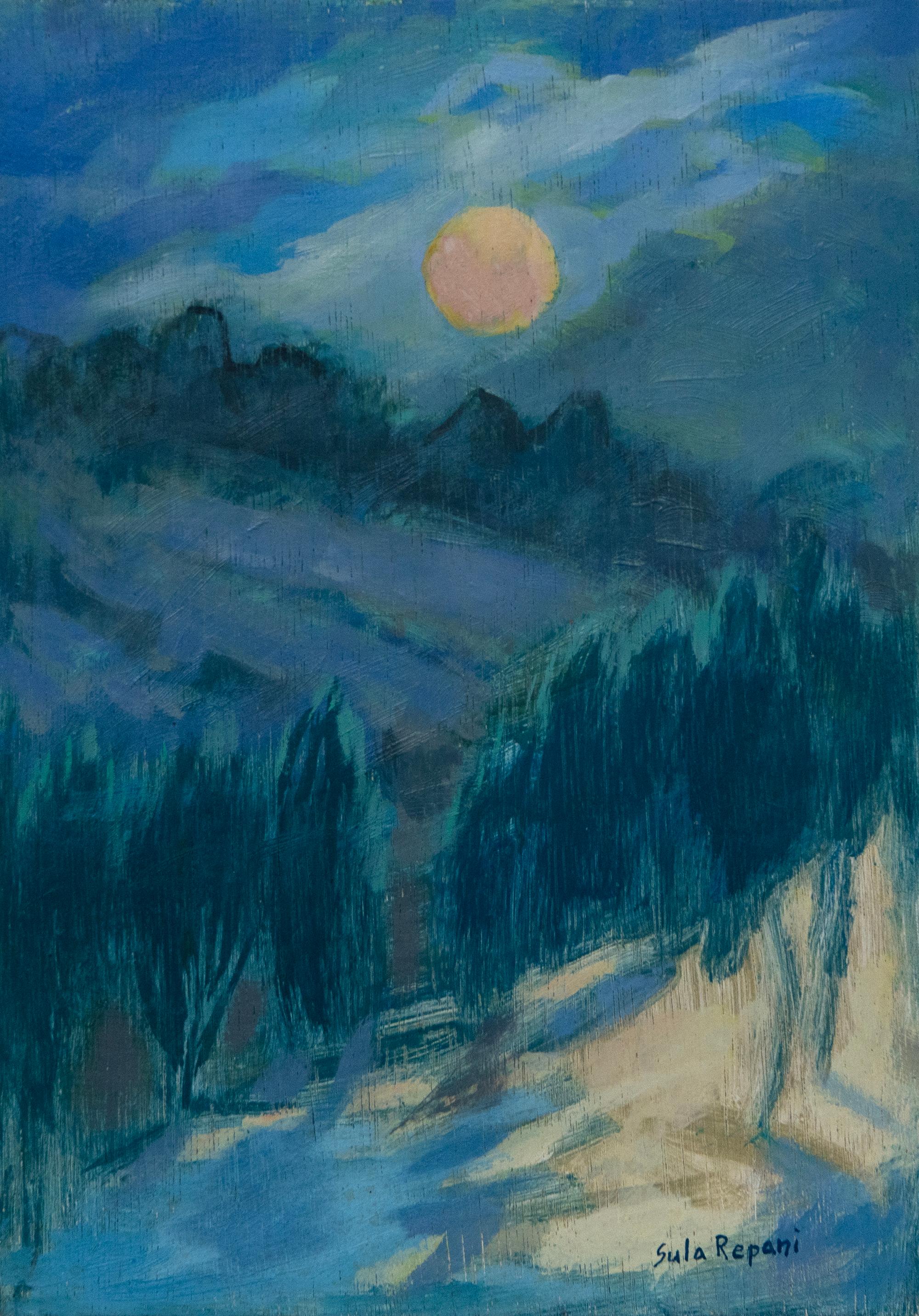 Paesaggio notturno contemporaneo ad olio su pannello di legno intitolato Full Moon, che cattura una poetica scena notturna immersa in strati di blu e luce incandescente.

Questo suggestivo dipinto a olio su tavola, intitolato Full Moon, presenta un