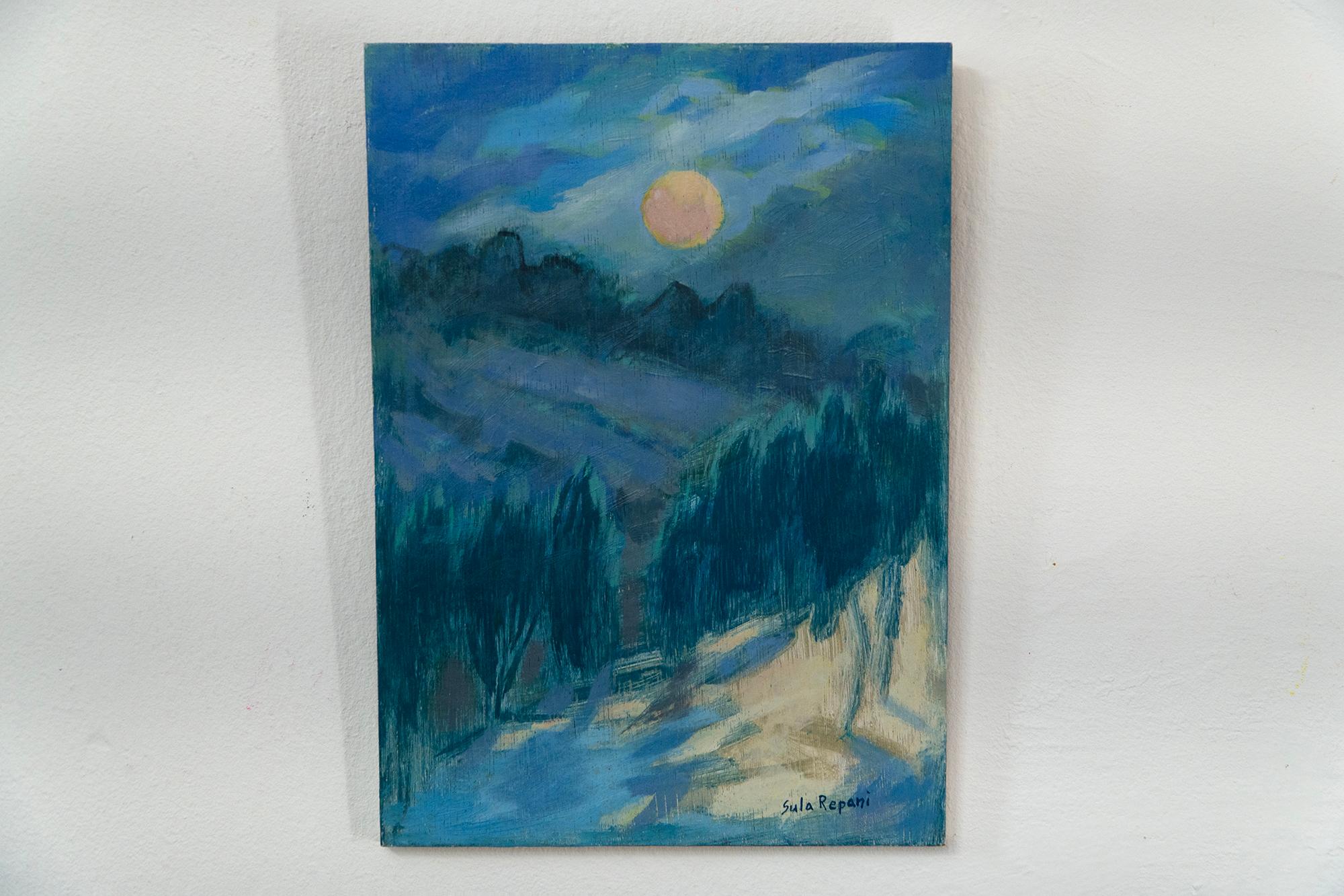 Luna piena - 2022, Olio su pannello di legno, Paesaggio notturno contemporaneo in vendita 2