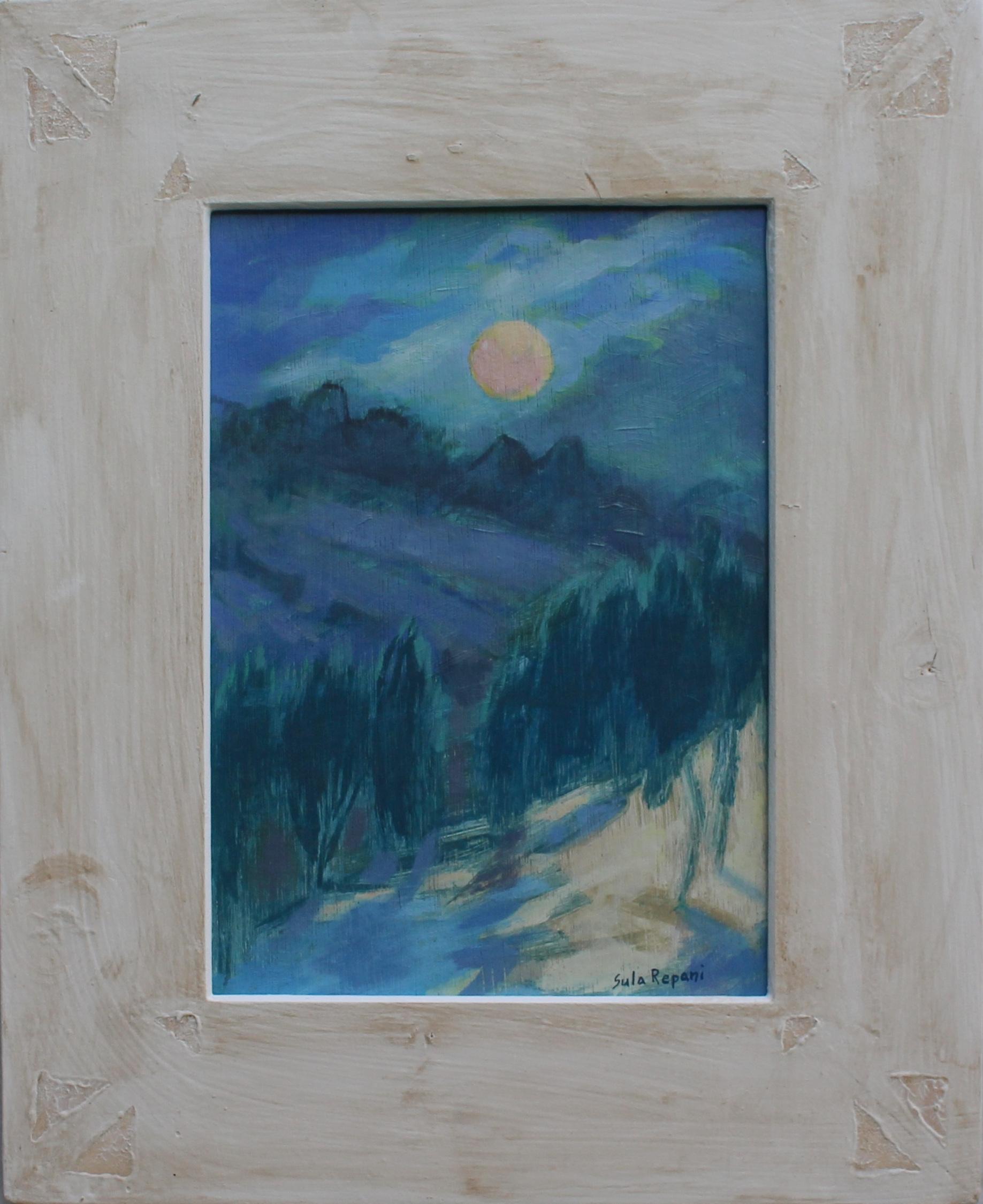 Landscape Painting di Sula Repani - Luna piena - 2022, Olio su pannello di legno, Paesaggio notturno contemporaneo