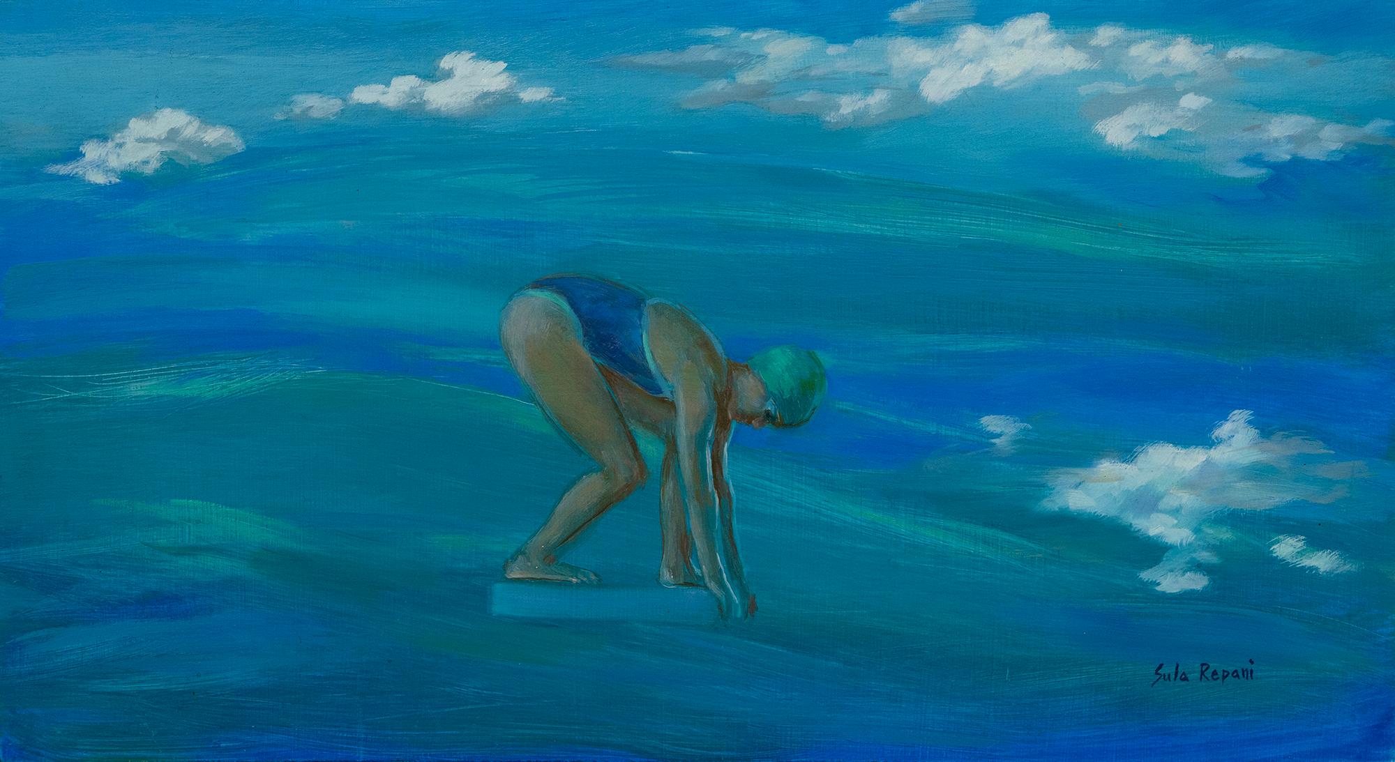 Juste avant l'inversion, 2022, huile sur panneau de bois, peinture figurative contemporaine. - Painting de Sula Repani