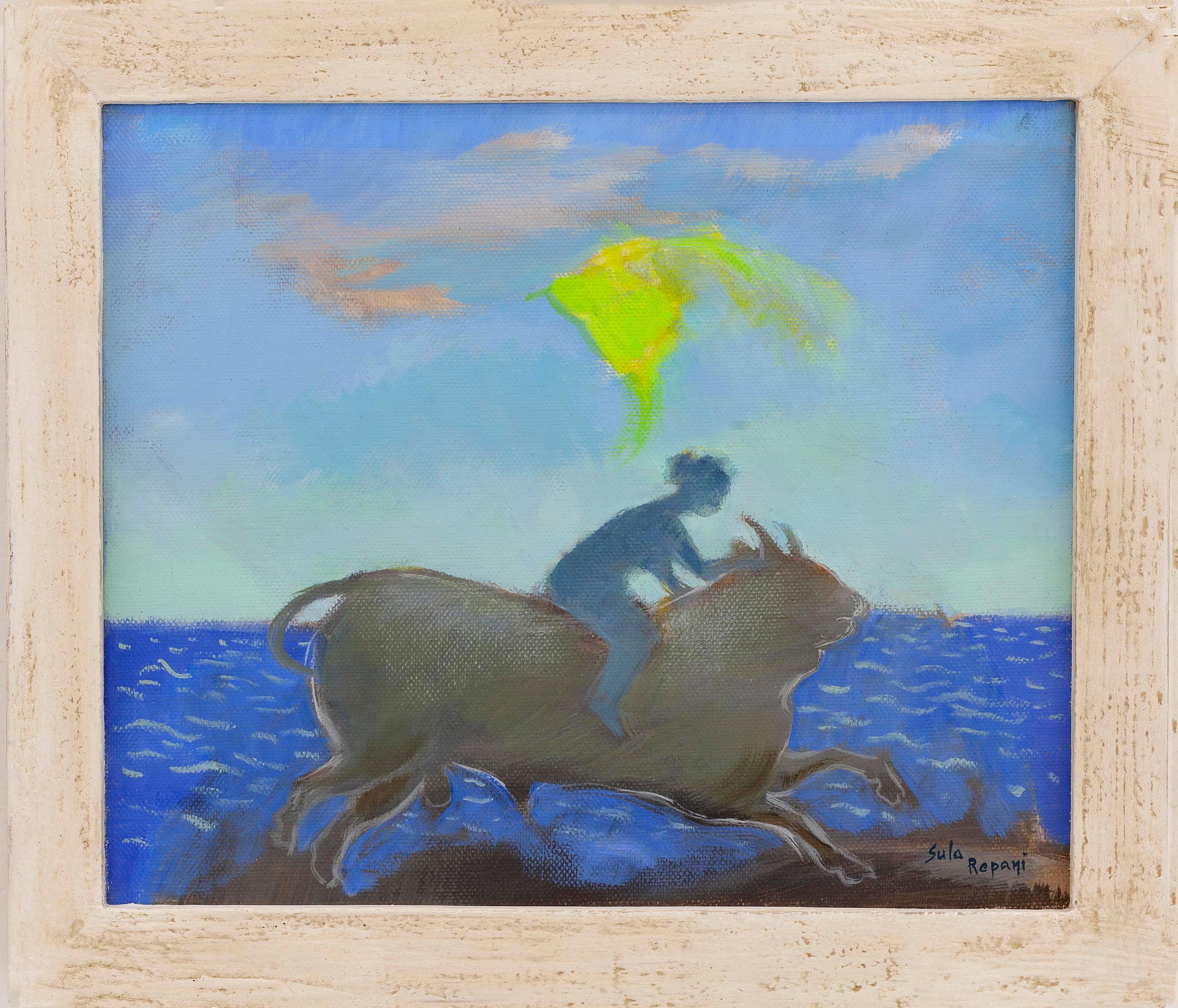 Mythologischer Stier und weibliche Figur Gerahmtes Ölgemälde. Der Raub von Europa Eins – Painting von Sula Repani