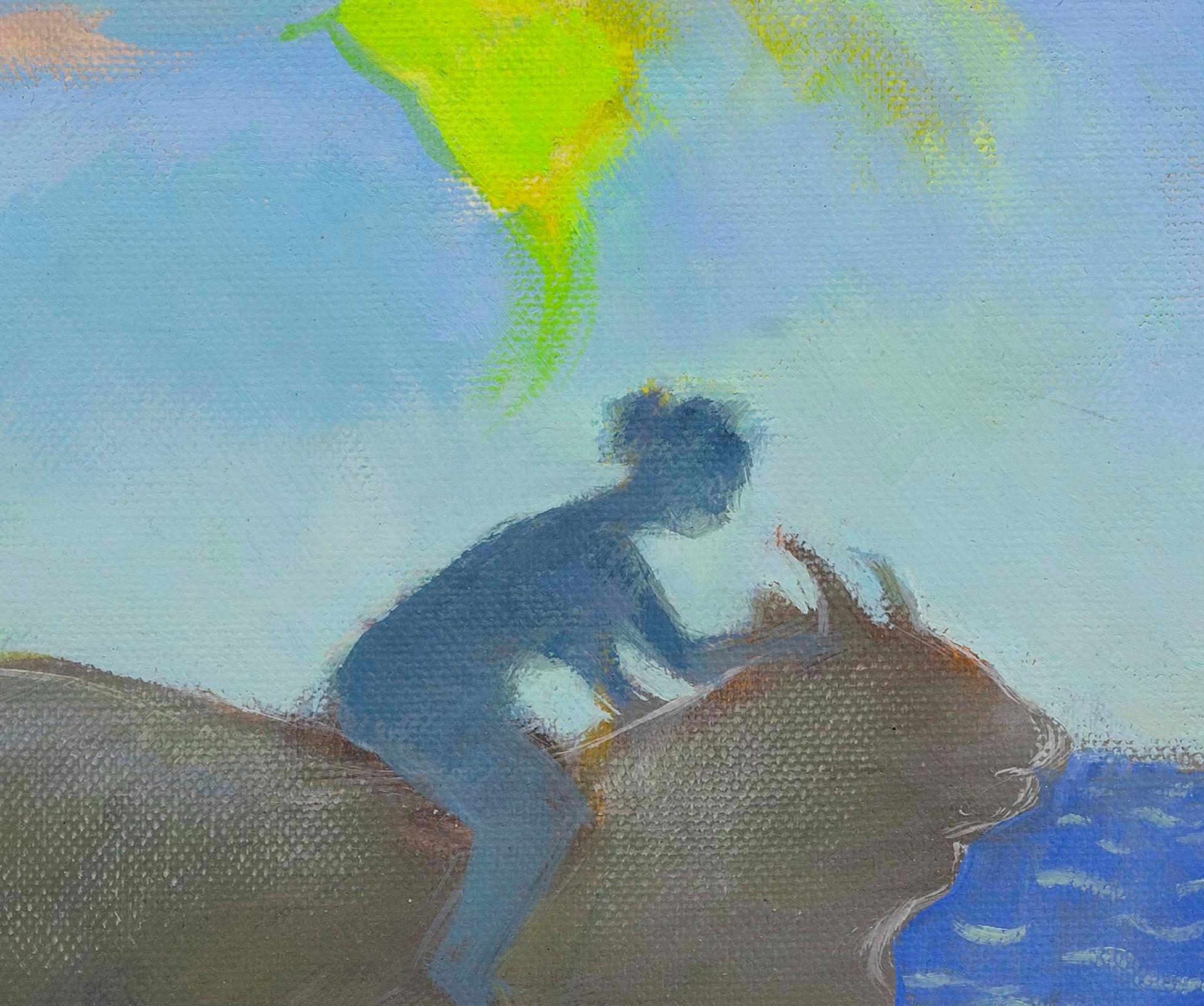Mythologischer Stier und weibliche Figur Gerahmtes Ölgemälde. Der Raub von Europa Eins (Blau), Animal Painting, von Sula Repani
