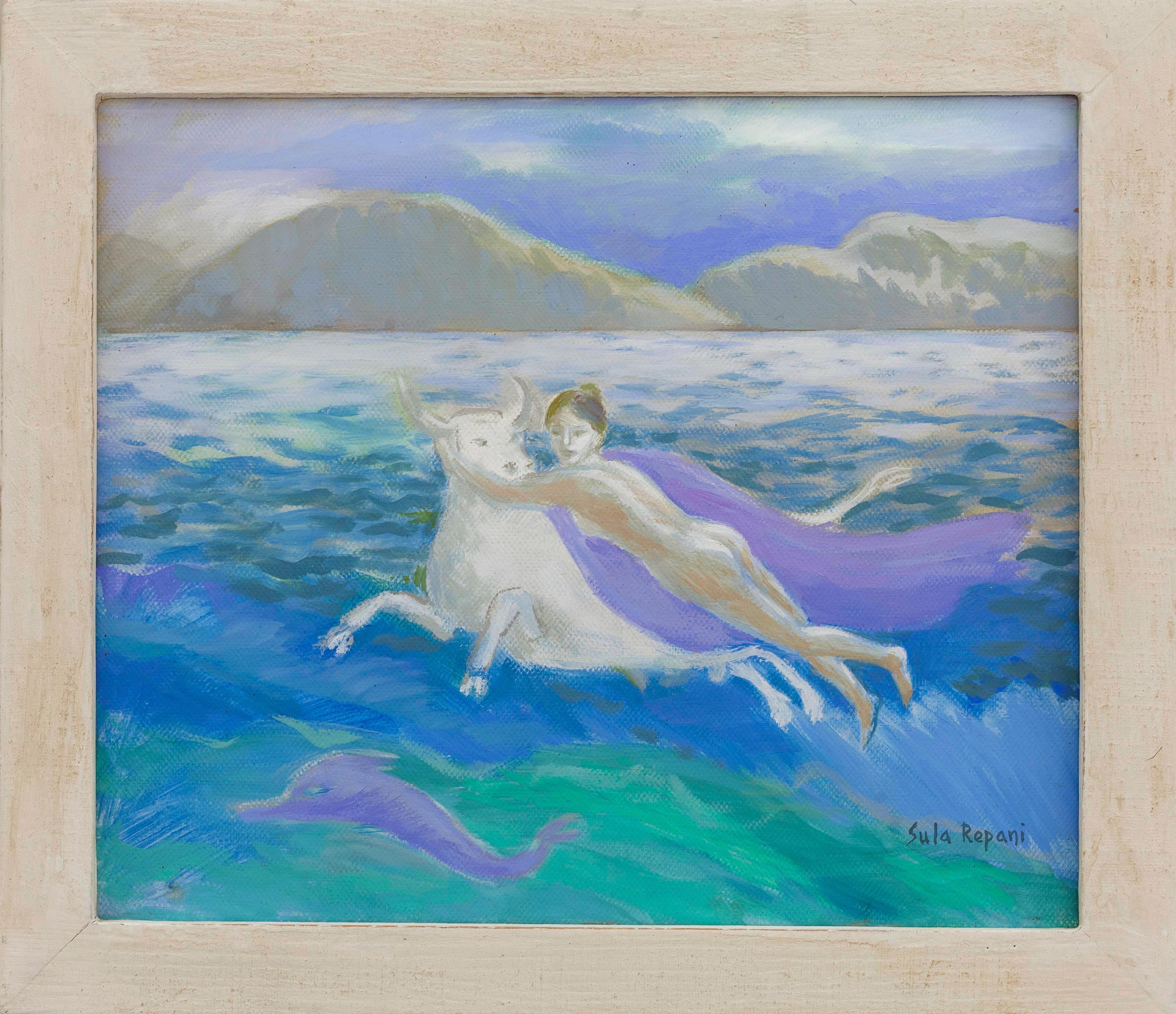 Mythological Nude and White Bull Oil Painting on Canvas The Rape of Europe Three - Blue Animal Painting by Sula Repani