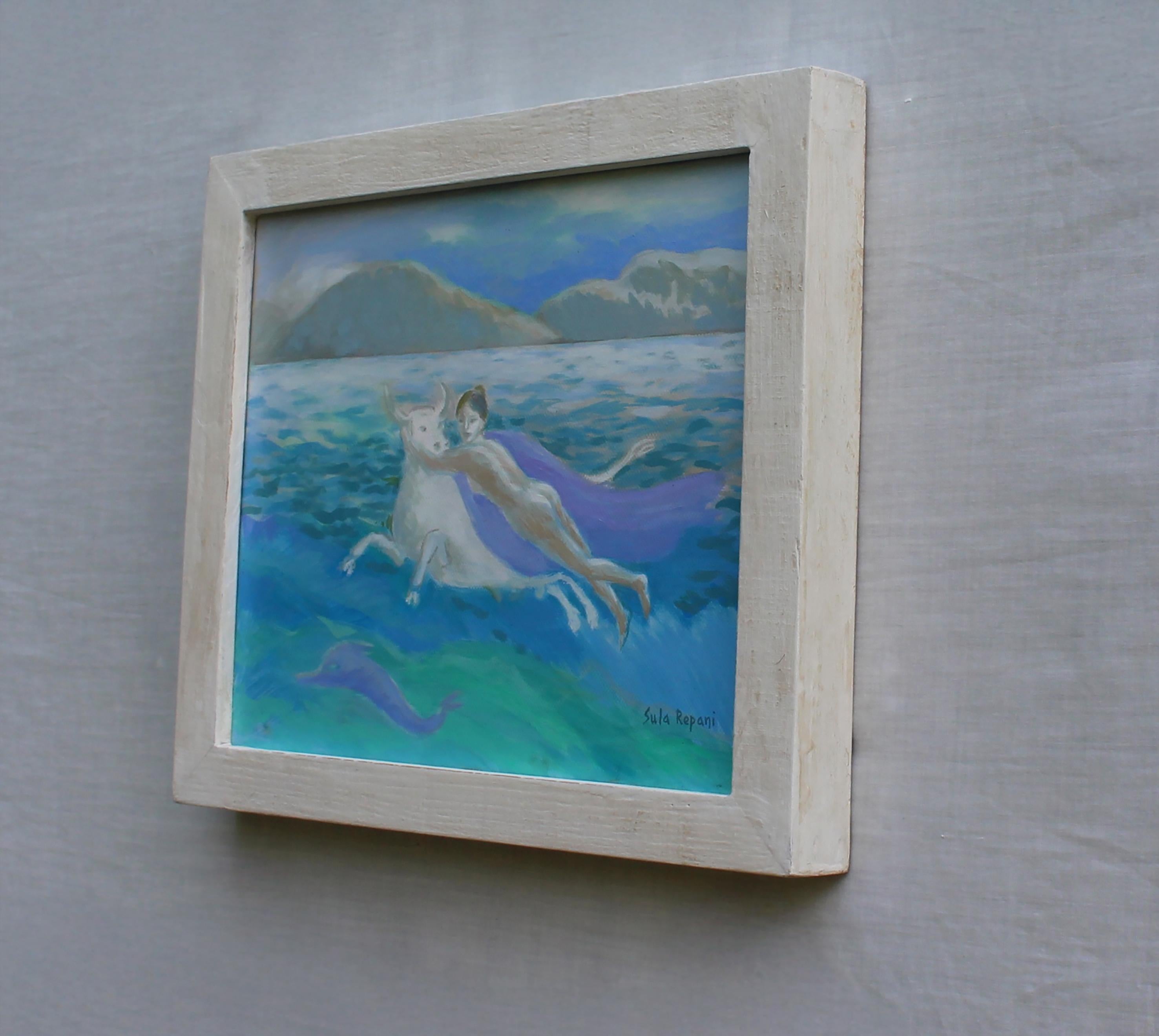 Mythological oil painting on canvas featuring a nude female figure riding a white bull across a Mediterranean seascape in soft violet and blue tones.

This mythological seascape by Sula Repani belongs to El Rapto de Europa, a six-part series